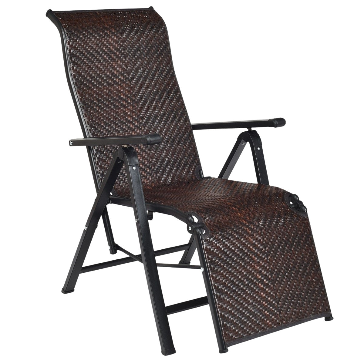 Sun lounger rattan folding deck chair with adjustable backrest brown