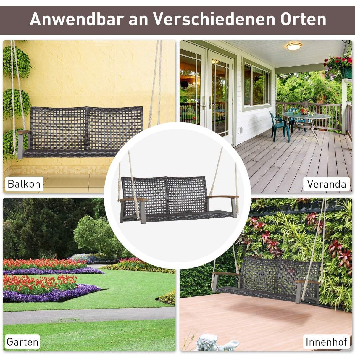 Swing bench for outdoor hanging bench made of PE rattan with 2 ropes 131 x 68 x 54 cm