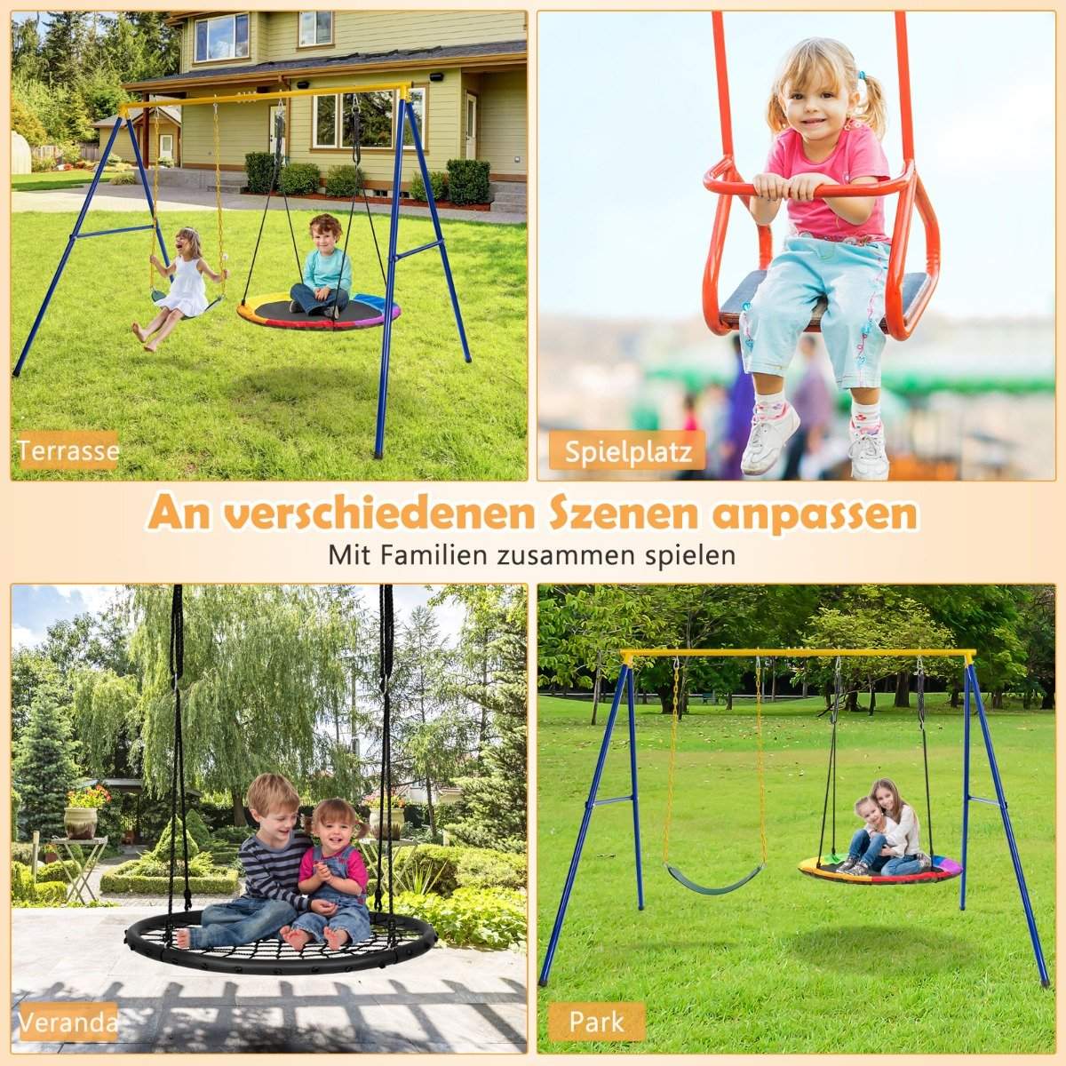 Swing frame with A-frame double swing metal frame 249 x 185 x 181.5 cm blue + yellow