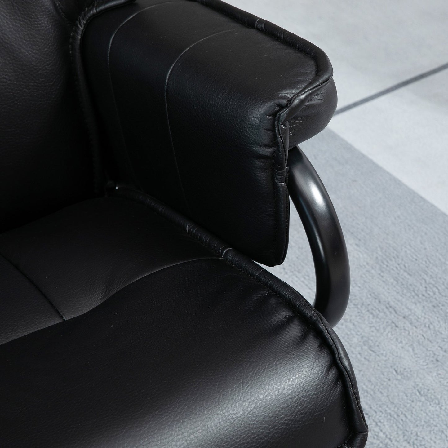 Reclining swivel armchair with stool, artificial leather, black