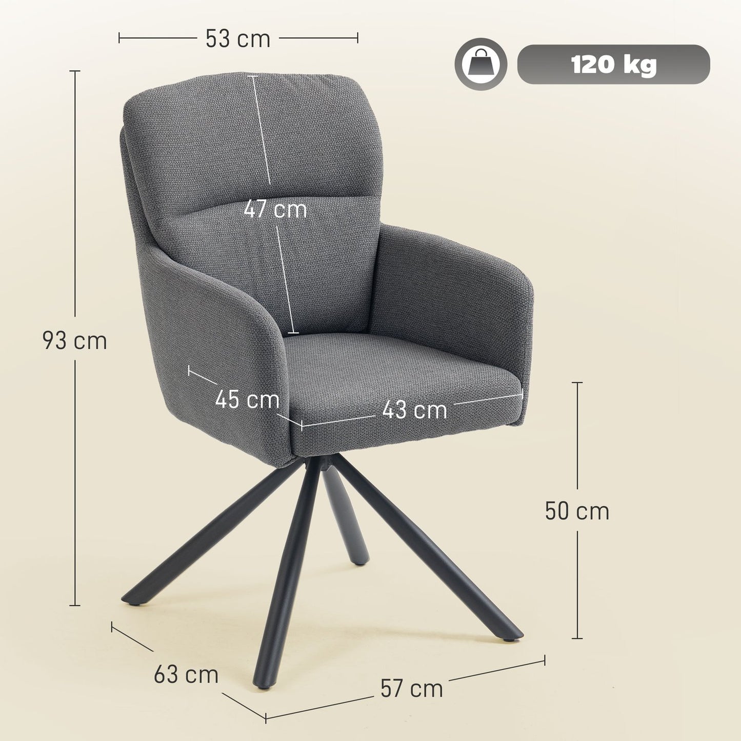 Swivel Dining Chair, Grey, Padded Seat & Armrests