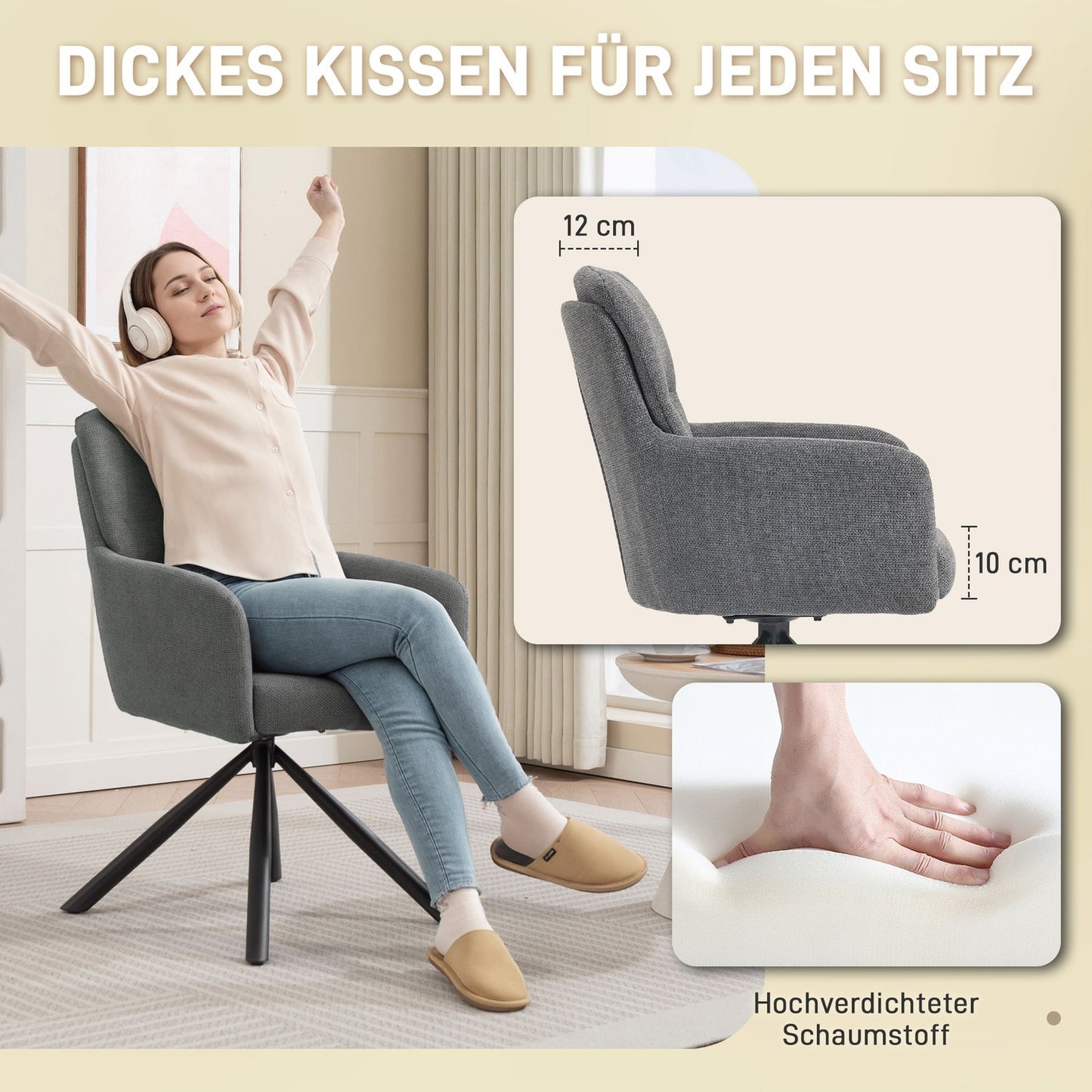 Swivel Dining Chair, Grey, Padded Seat & Armrests