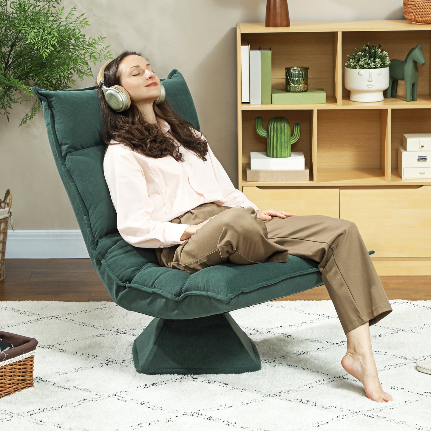 Swivel Floor Chair with Adjustable Backrest – Green Velvet