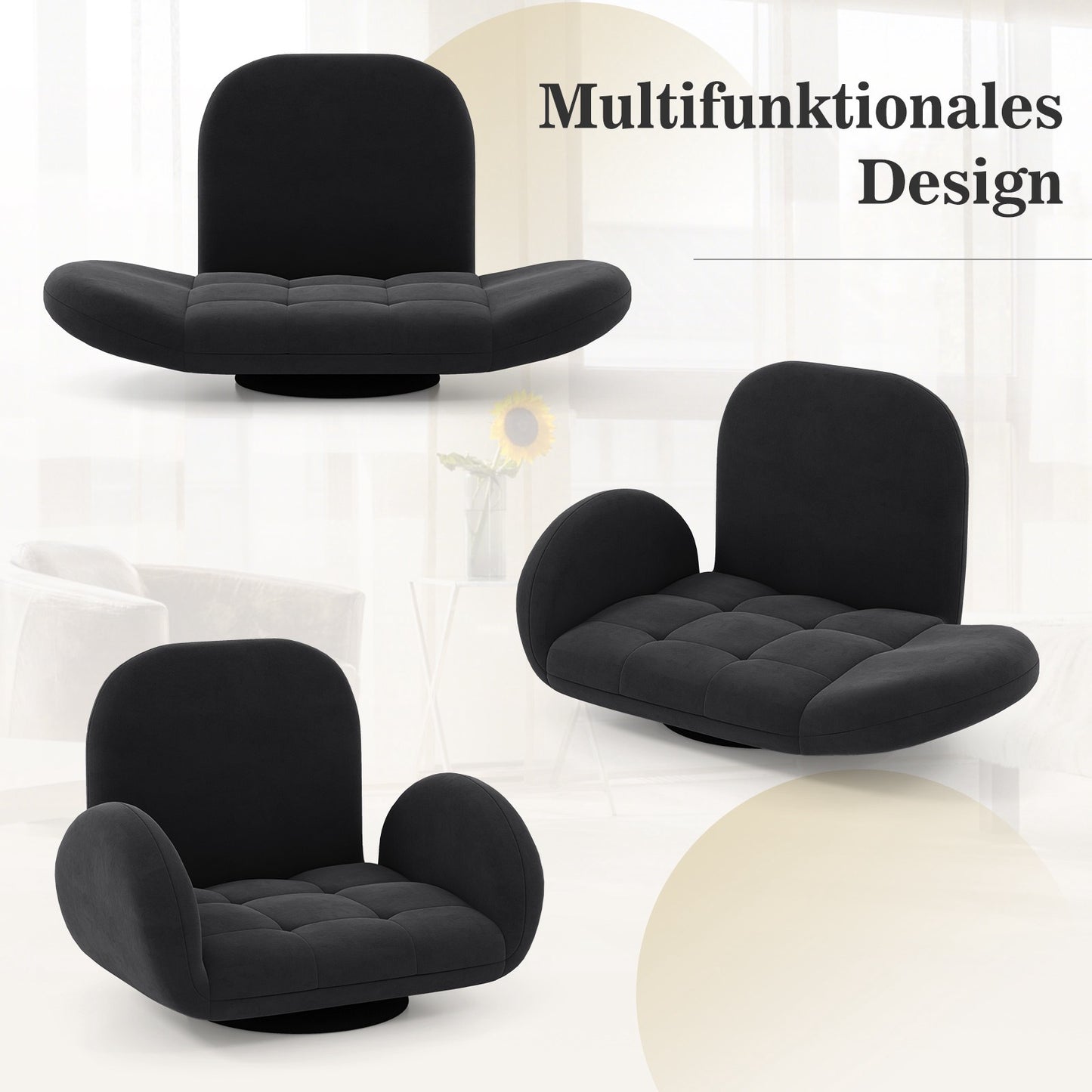 Swivel Floor Gaming Chair, Adjustable Backrest & Armrests, Black