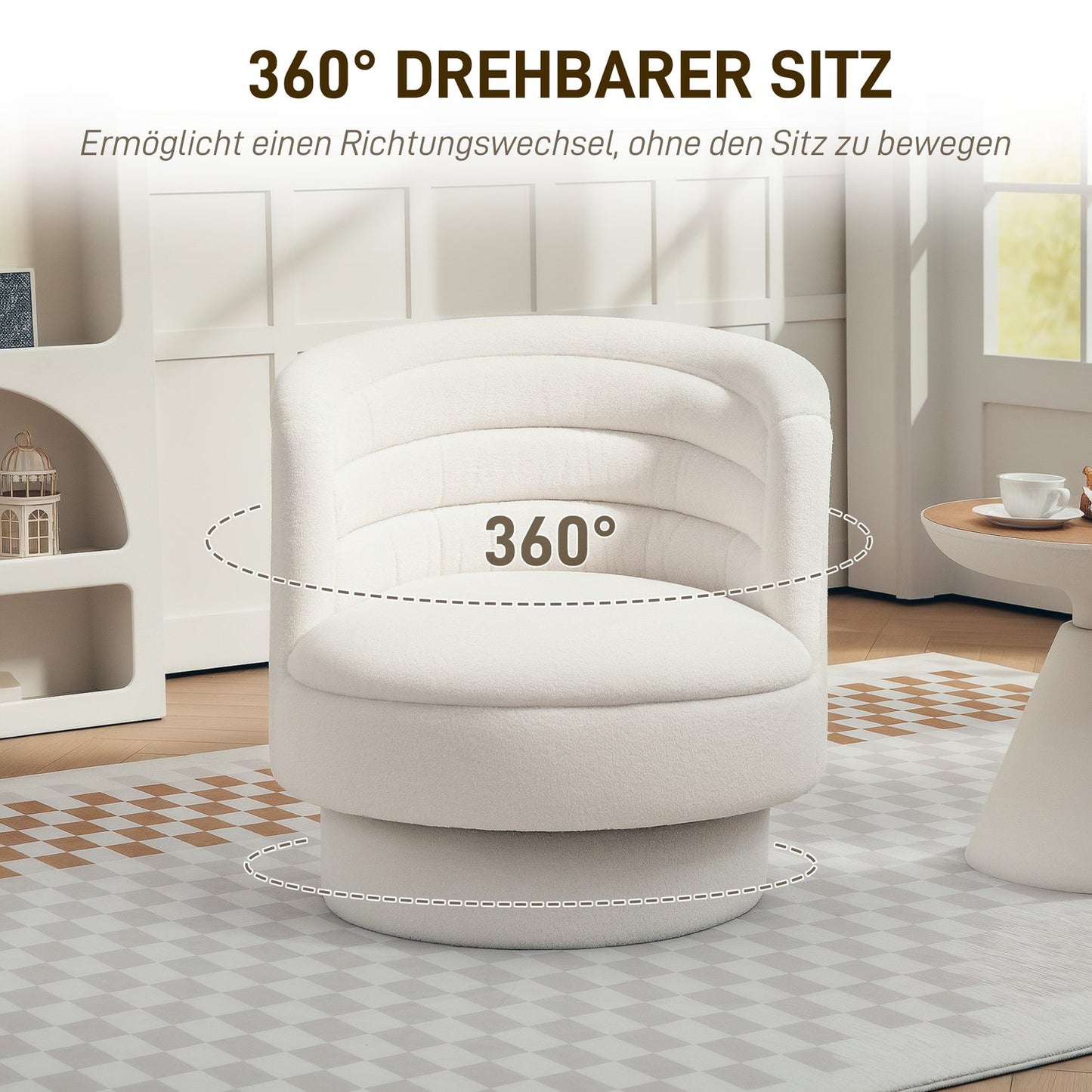 Swivel upholstered armchair, modern lounge chair with rubberwood frame, for living room, bedroom, cream white