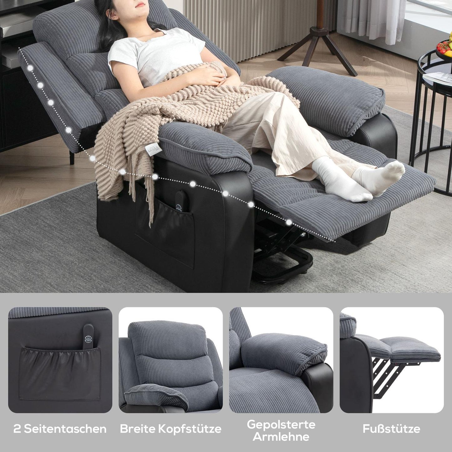 Electric reclining TV armchair with standing aid, dark grey
