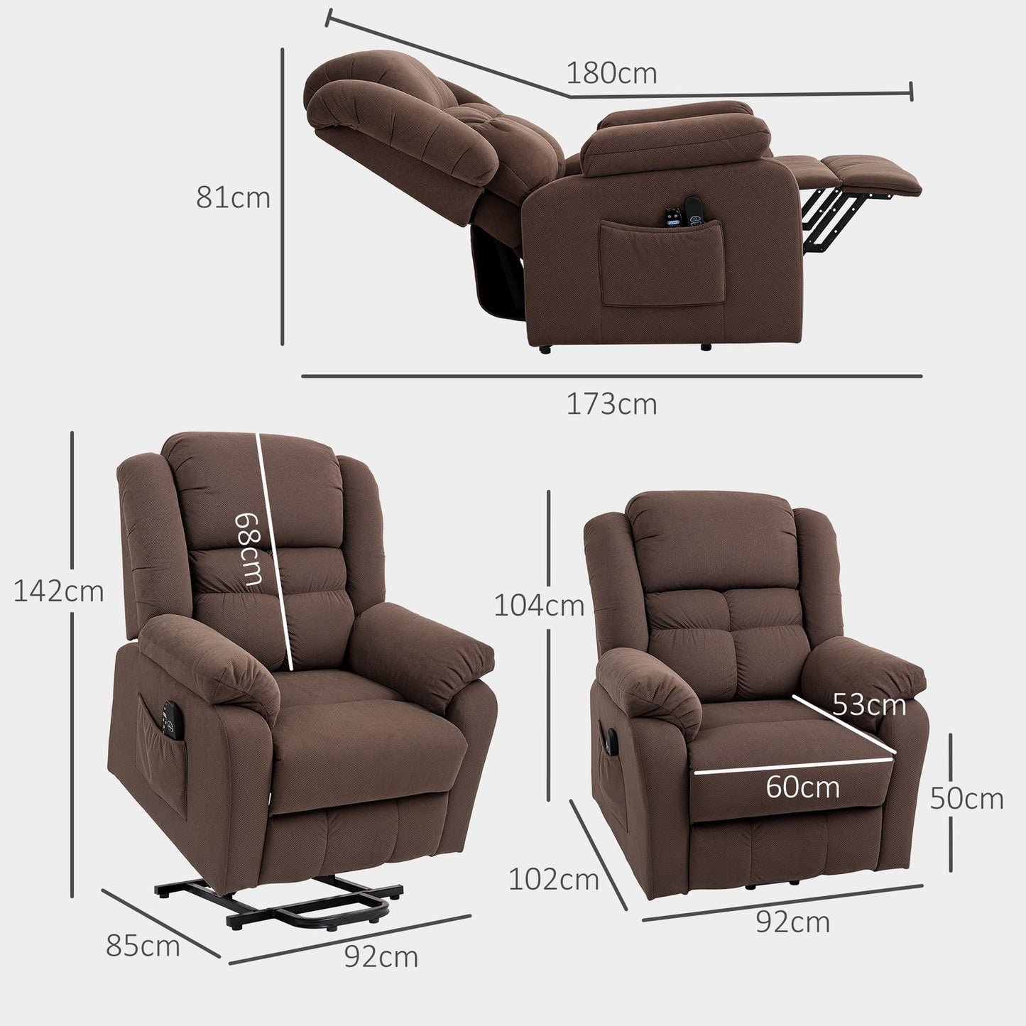 Electric reclining TV armchair with massage & heating - dark brown