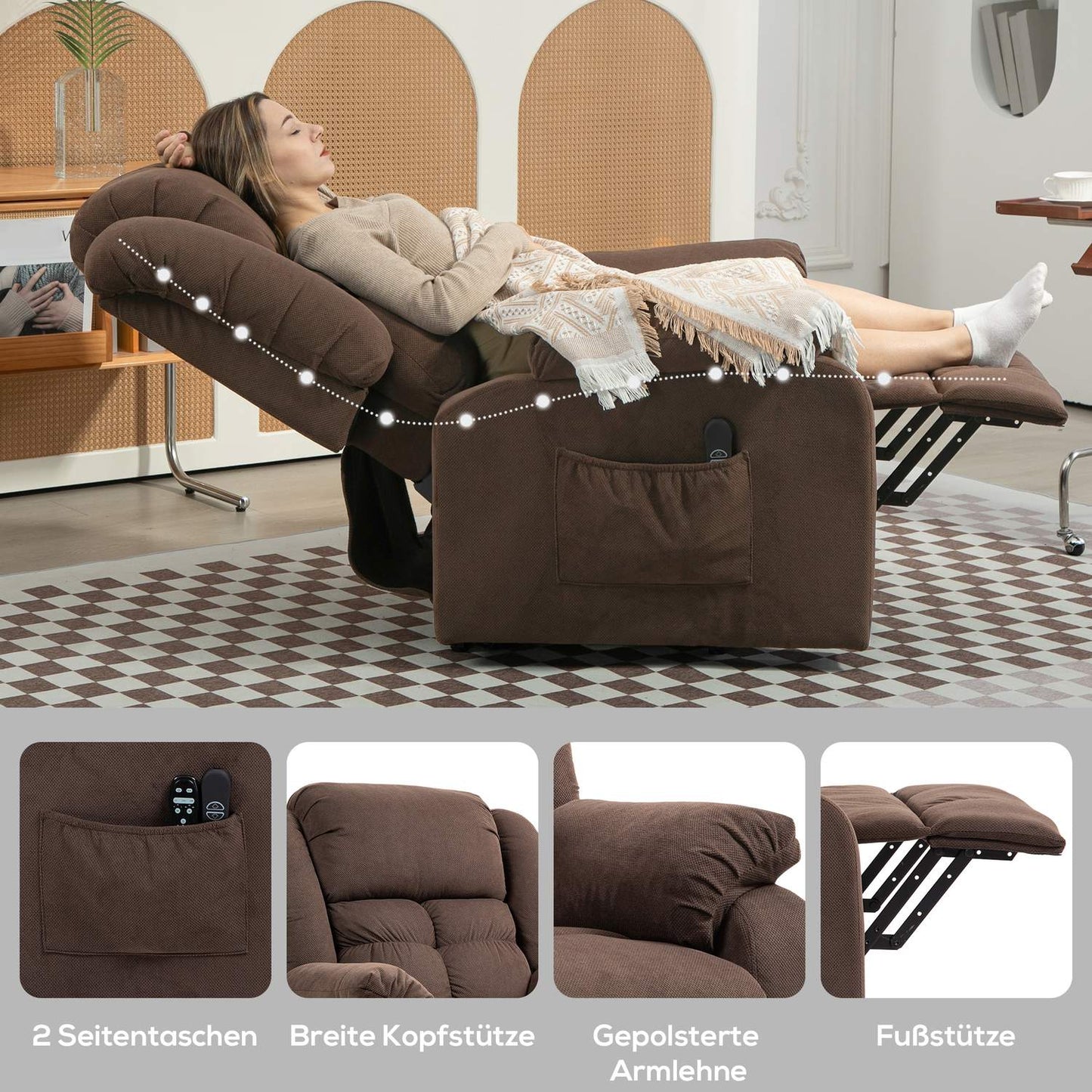Electric reclining TV armchair with massage & heating - dark brown