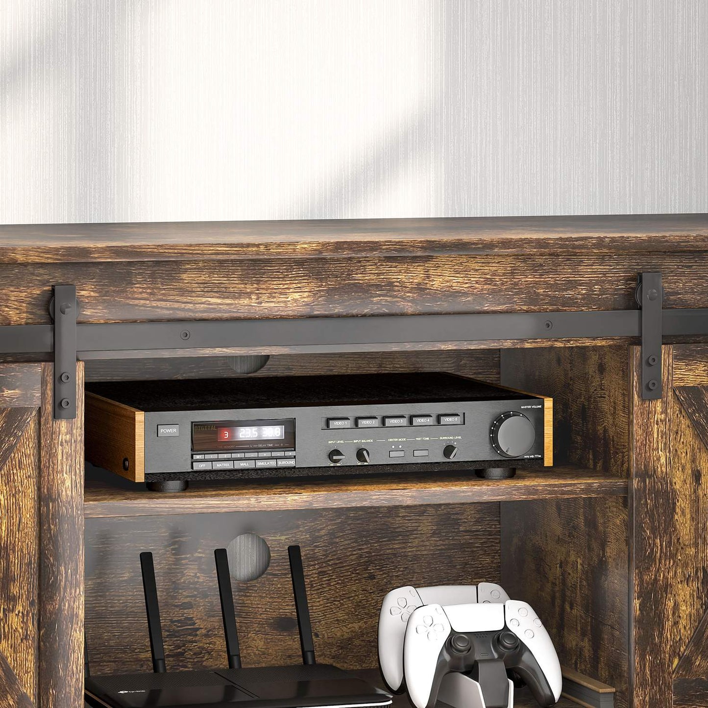 TV stand for 60-inch TVs, brown, 2 cabinets and shelves