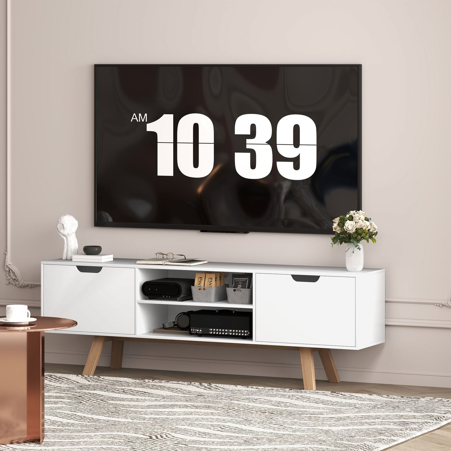 White TV bench, fits TVs up to 65", 2 cabinets and shelves