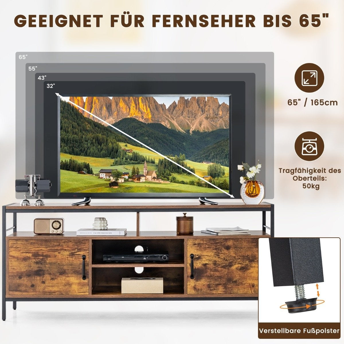 TV cabinet for TVs up to 65 inches lowboard with 2 doors & open compartments TV stand