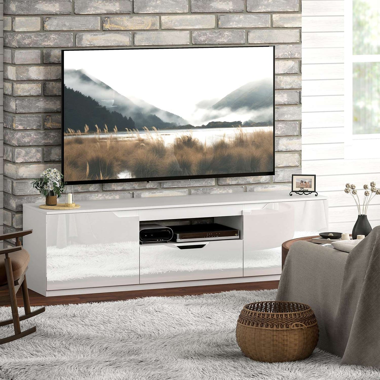 White TV cabinet - 160cm Lowboard, 2 doors, drawer