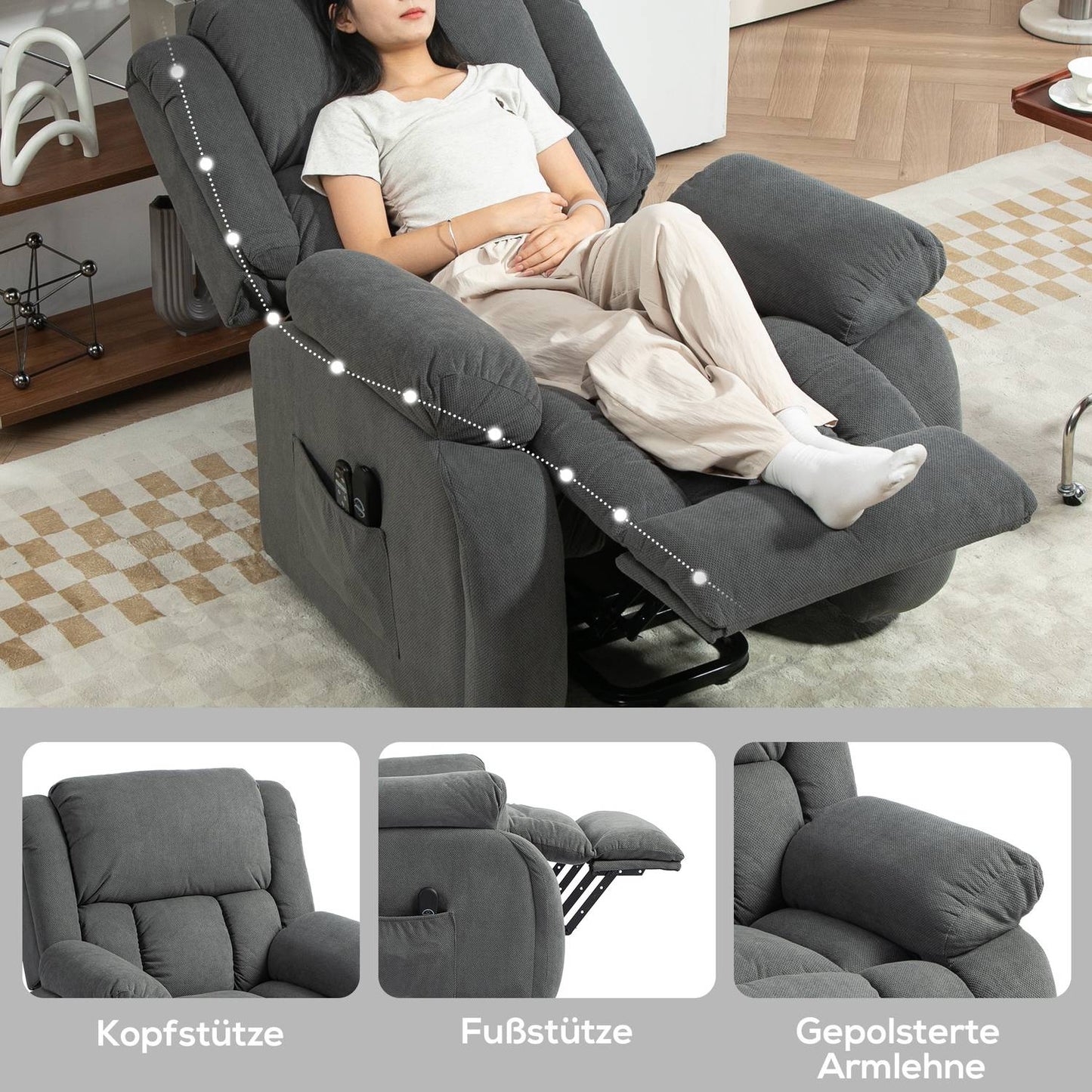 TV chair with massage and heat function, electric riser, remote control, side pockets, grey