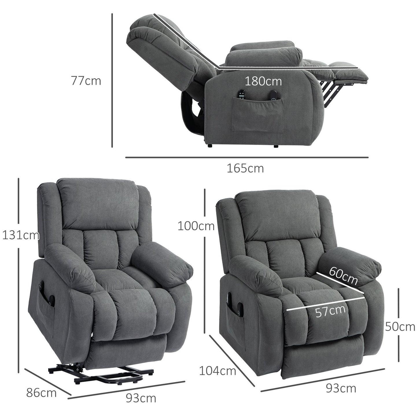 TV chair with massage and heat function, electric riser, remote control, side pockets, grey