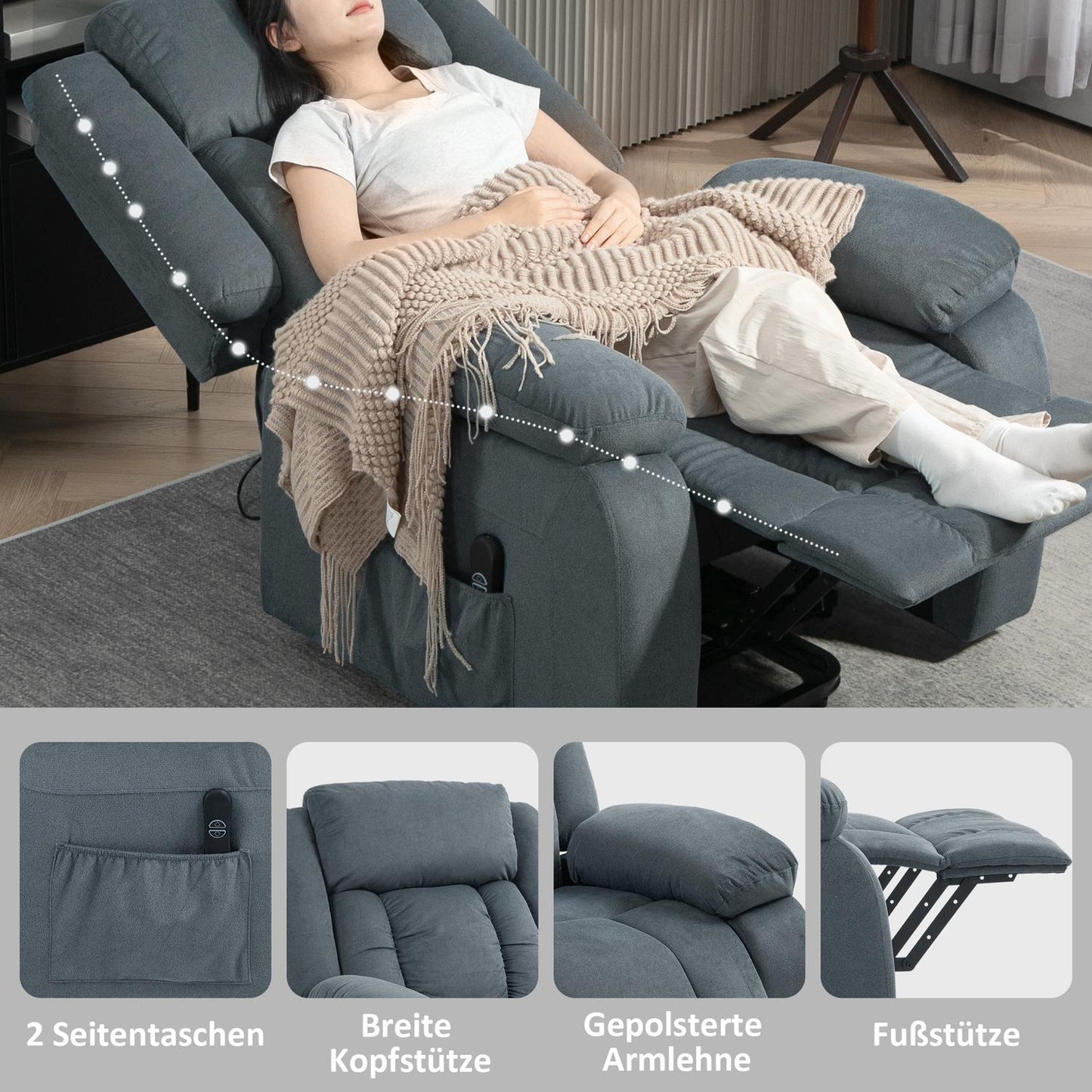 Electric recliner with remote control and side pocket, gray velvet