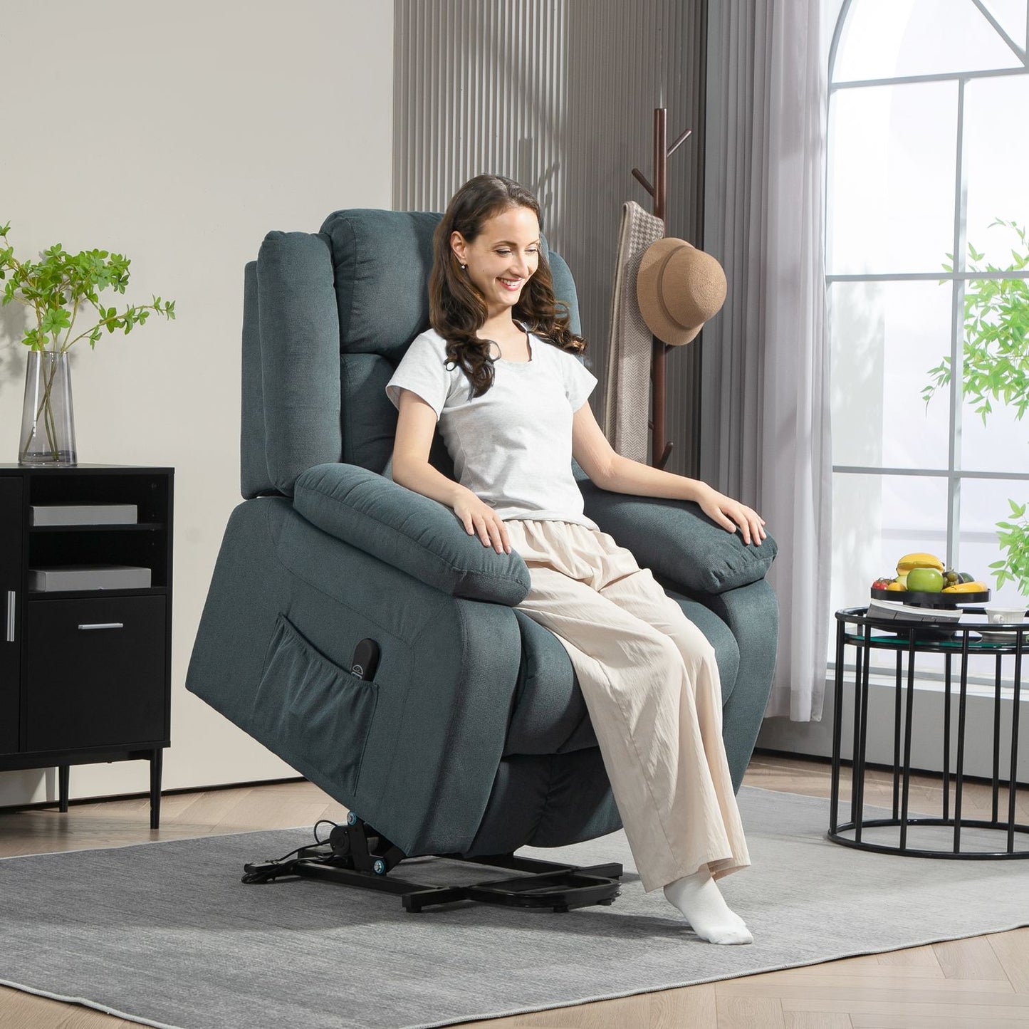 Electric recliner with remote control and side pocket, gray velvet