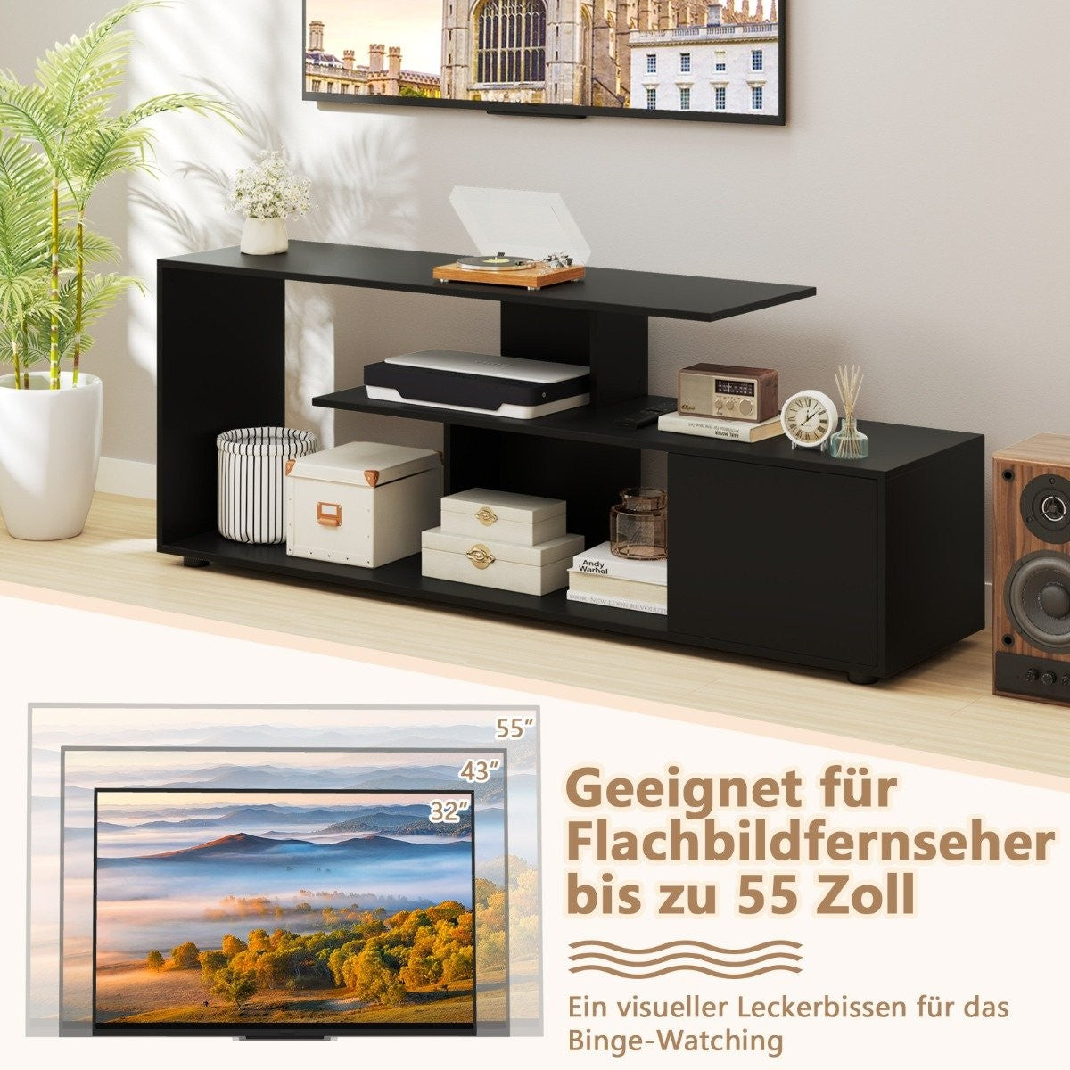 TV stand for TVs up to 55 inches with shelves & Cabinet TV cabinet lowboard black