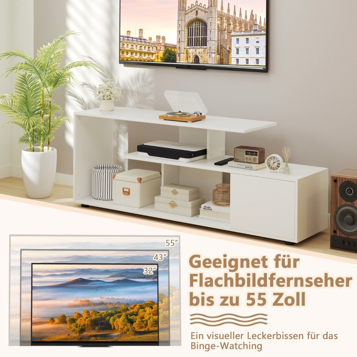 TV stand for TVs up to 55 inches with shelves & Cabinet TV cabinet lowboard white