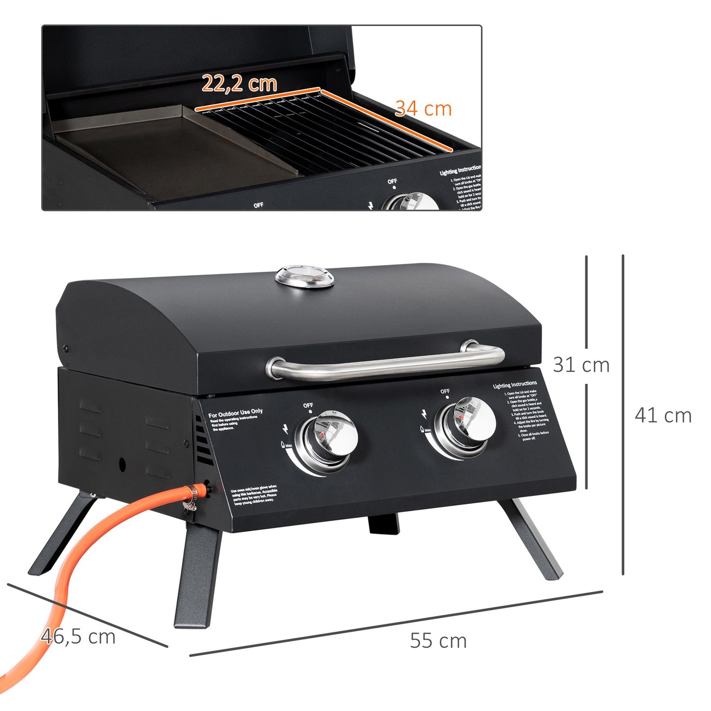 Portable gas grill in stainless steel with 2 burners, black