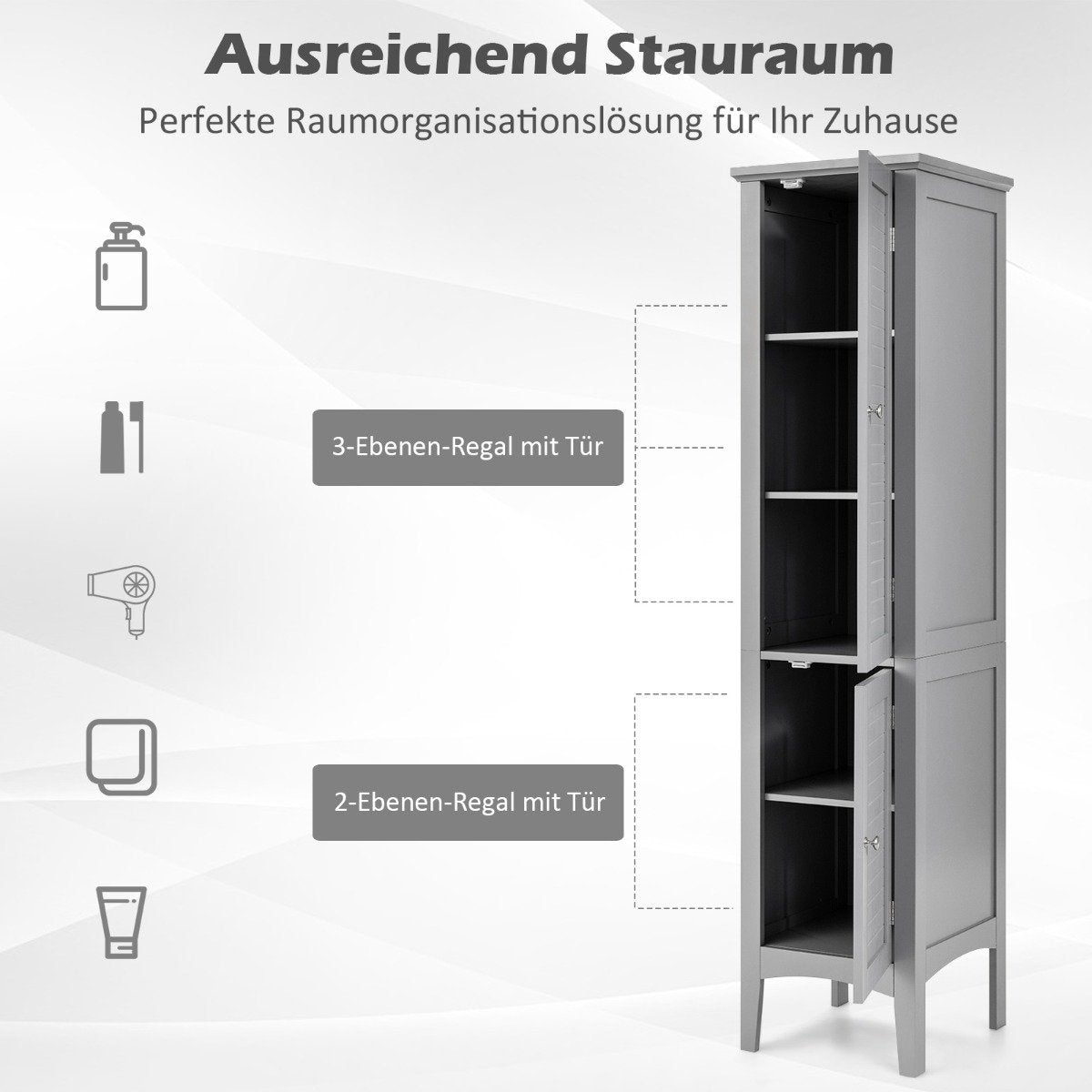 Tall Bathroom Cabinet, 5-Tier Freestanding Storage, Grey