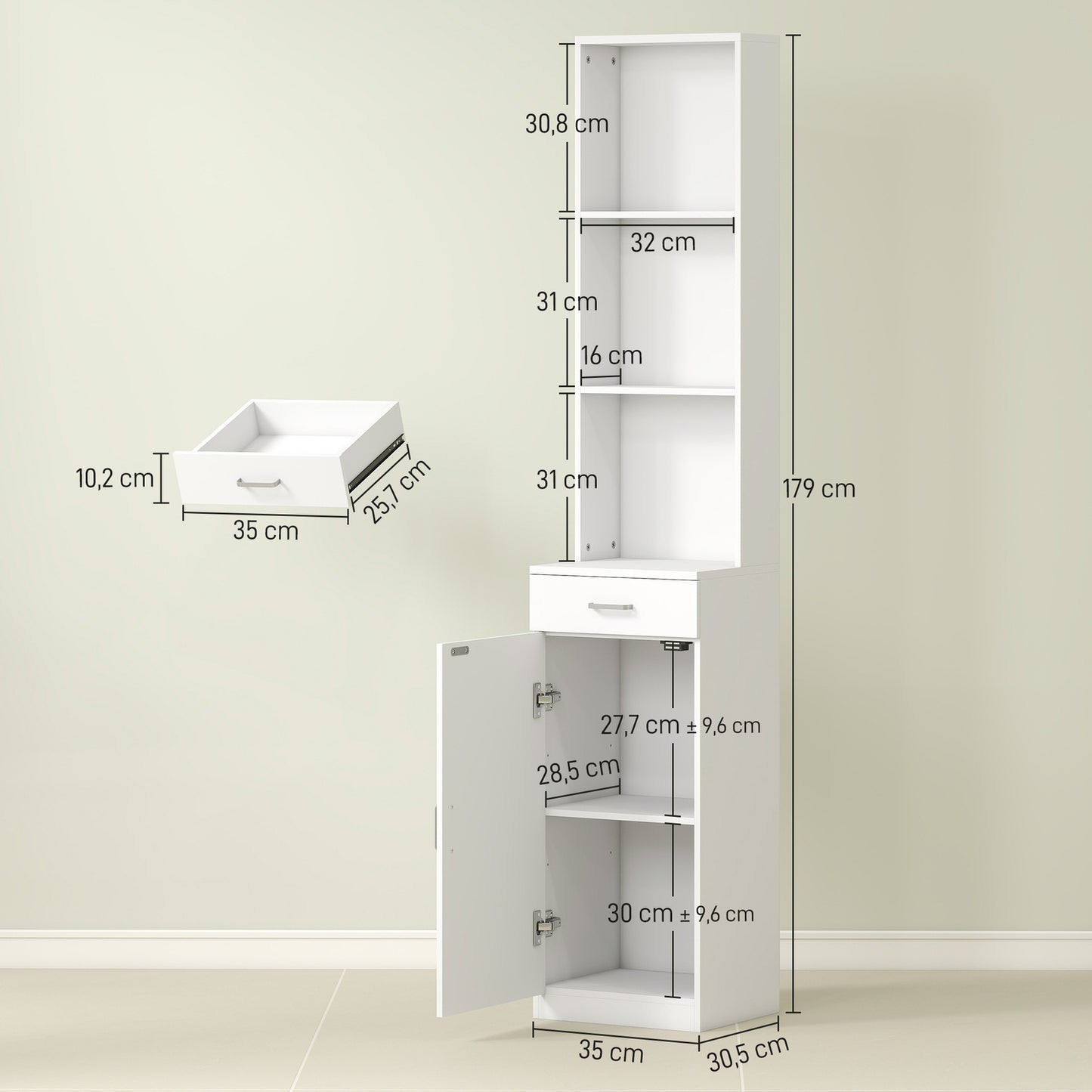 Tall bathroom cabinet, slim design, drawer, shelves, cupboard, chipboard, white