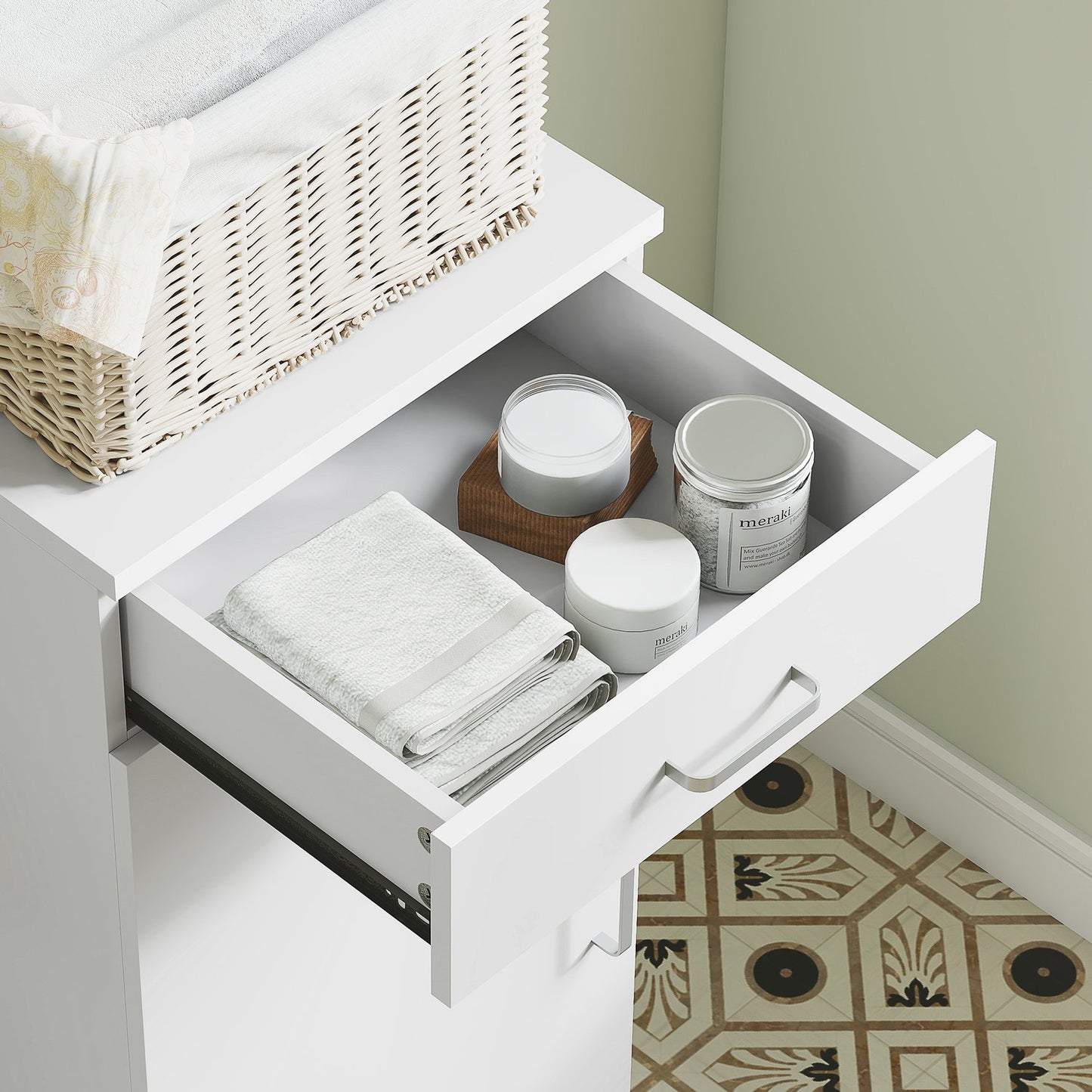 Tall bathroom cabinet, slim design, drawer, shelves, cupboard, chipboard, white