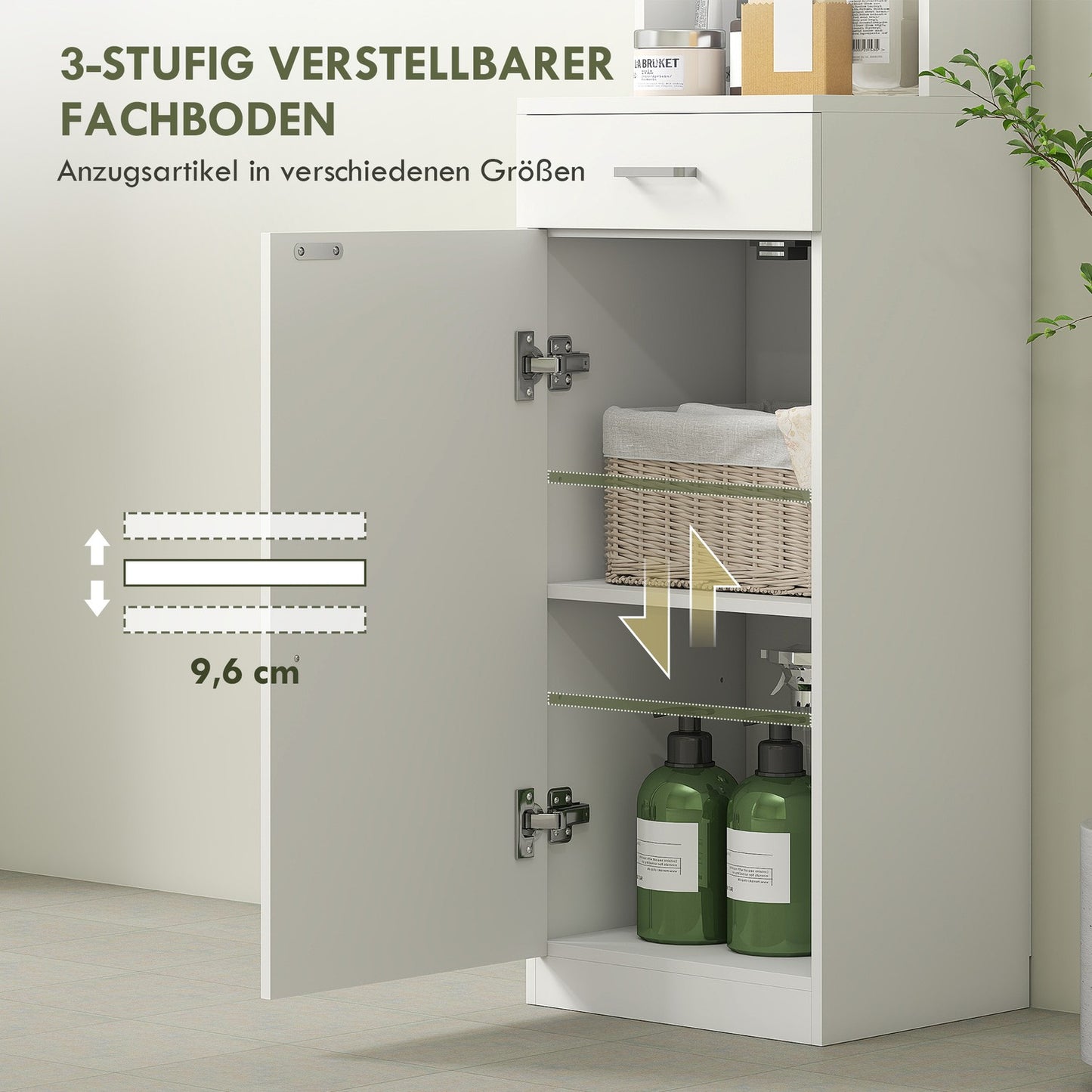 Tall bathroom cabinet, slim design, drawer, shelves, cupboard, chipboard, white