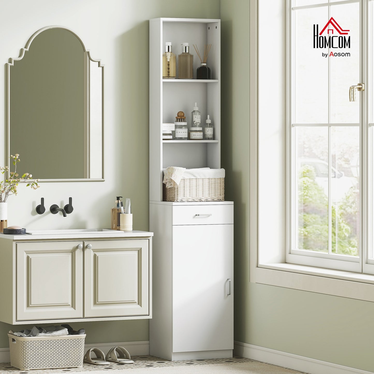 Tall bathroom cabinet, slim design, drawer, shelves, cupboard, chipboard, white