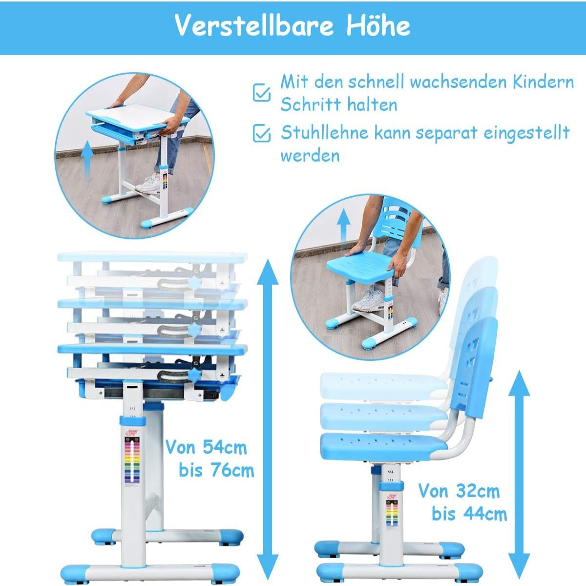Tiltable children's desk, youth desk, blue