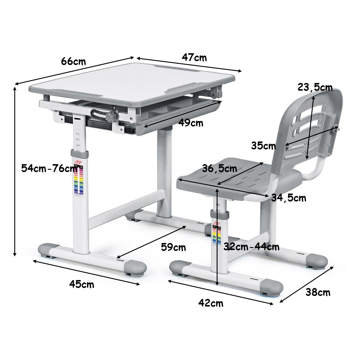 Tiltable children's desk, youth desk, grey