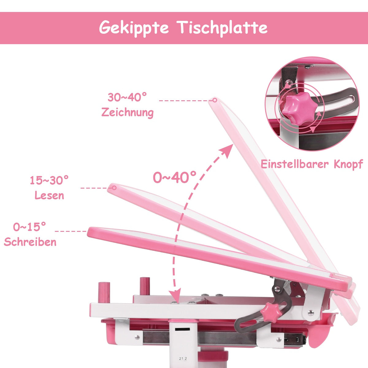 Tiltable children's desk, youth desk, pink