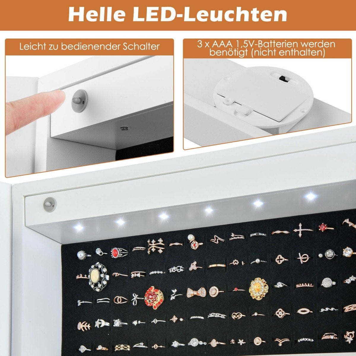 Tilt-adjustable jewelry cabinet with full-length mirror and white LED lights