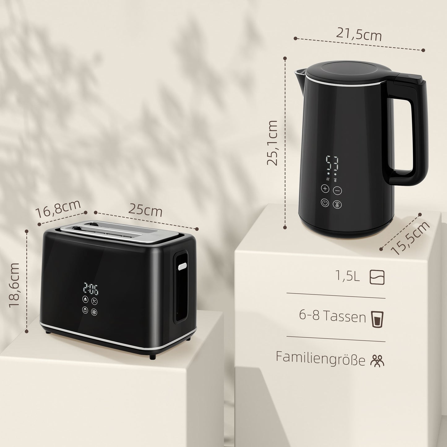 Toaster and Kettle Set, 7 Browning Levels, Black Stainless Steel