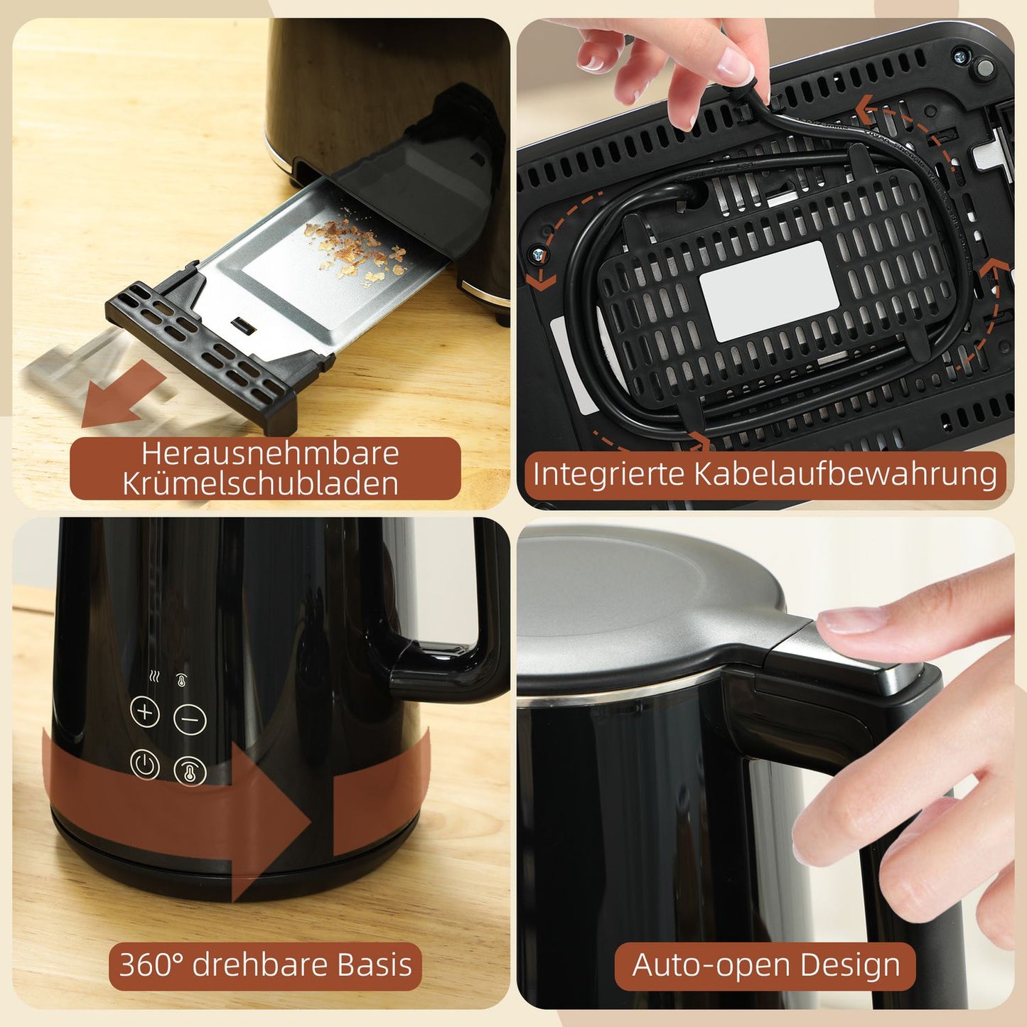 Toaster and Kettle Set, 7 Browning Levels, Black Stainless Steel