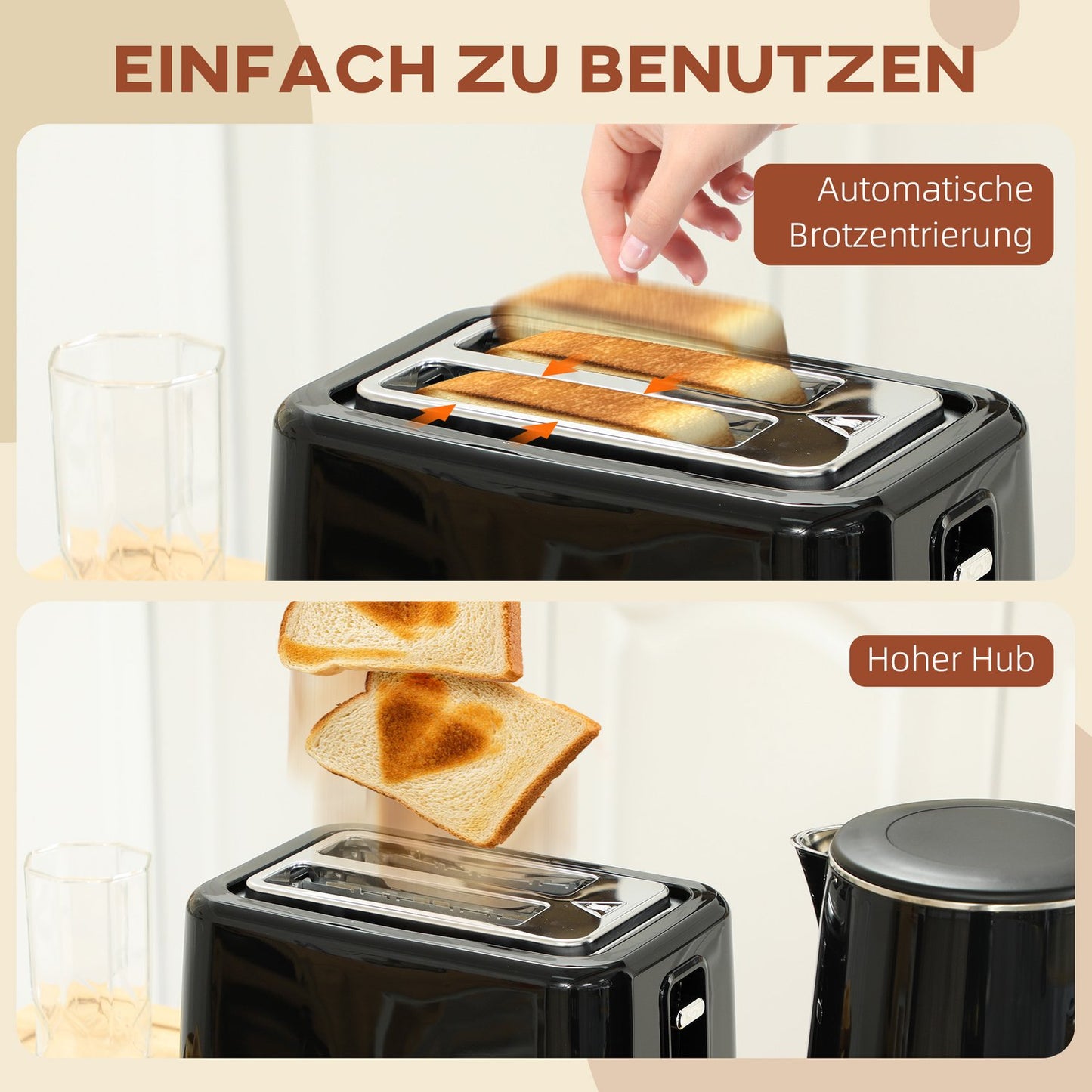 Toaster and Kettle Set, 7 Browning Levels, Black Stainless Steel
