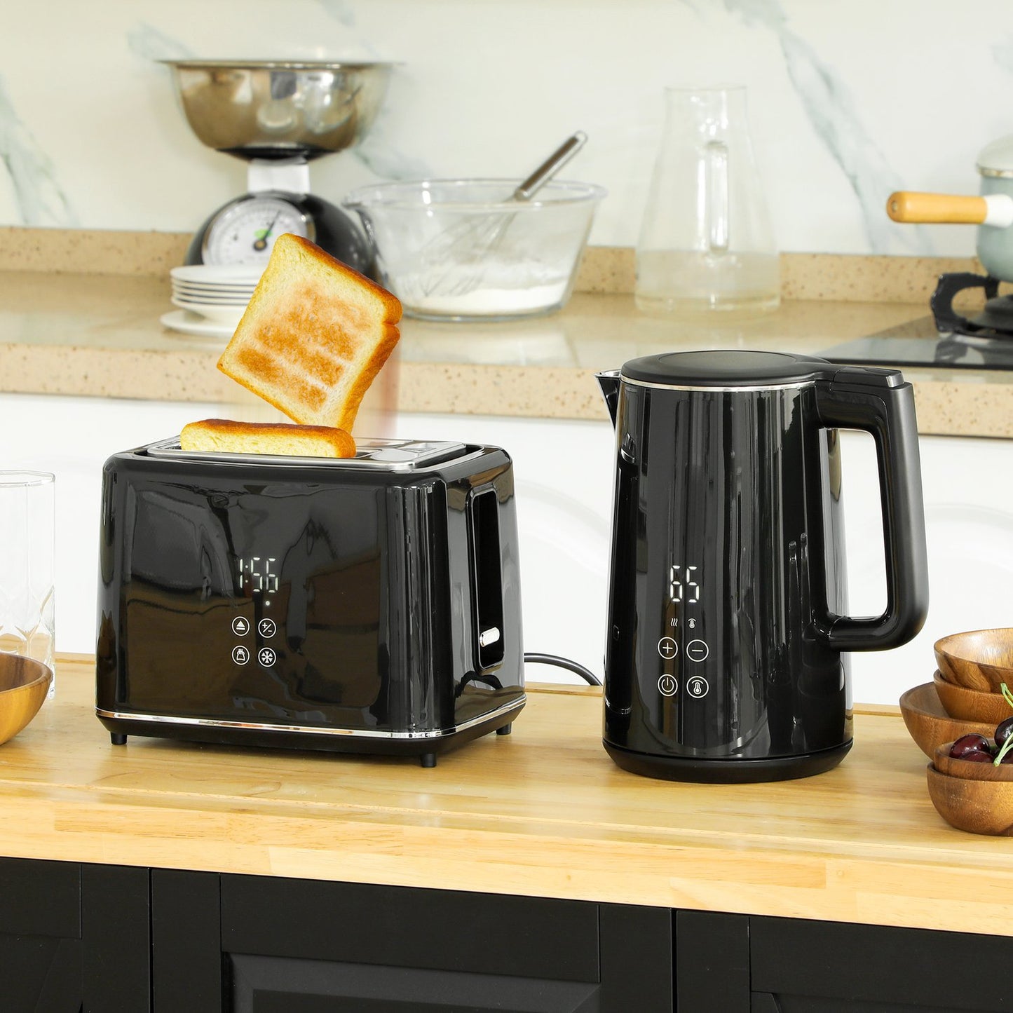 Toaster and Kettle Set, 7 Browning Levels, Black Stainless Steel
