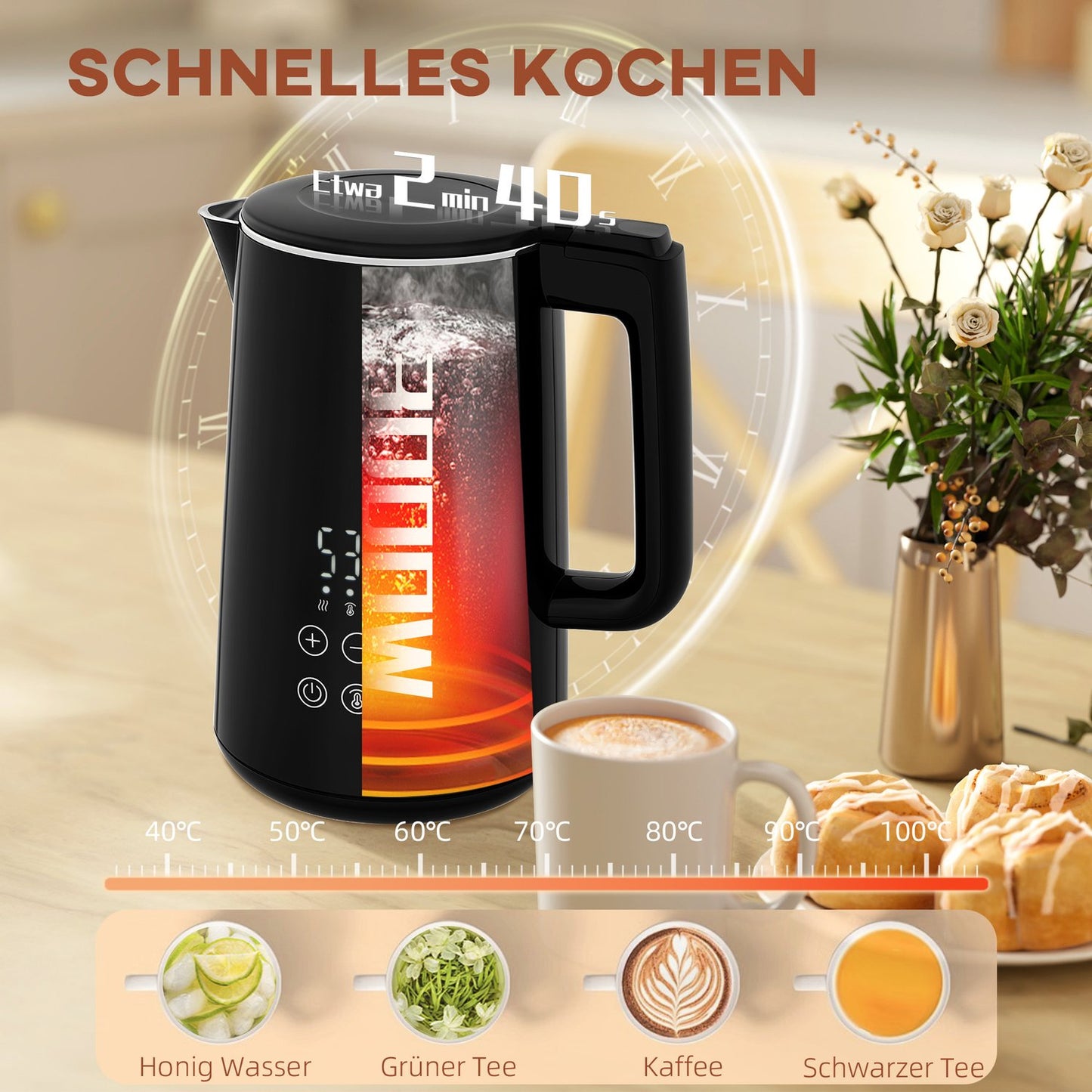 Toaster and Kettle Set, 7 Browning Levels, Black Stainless Steel