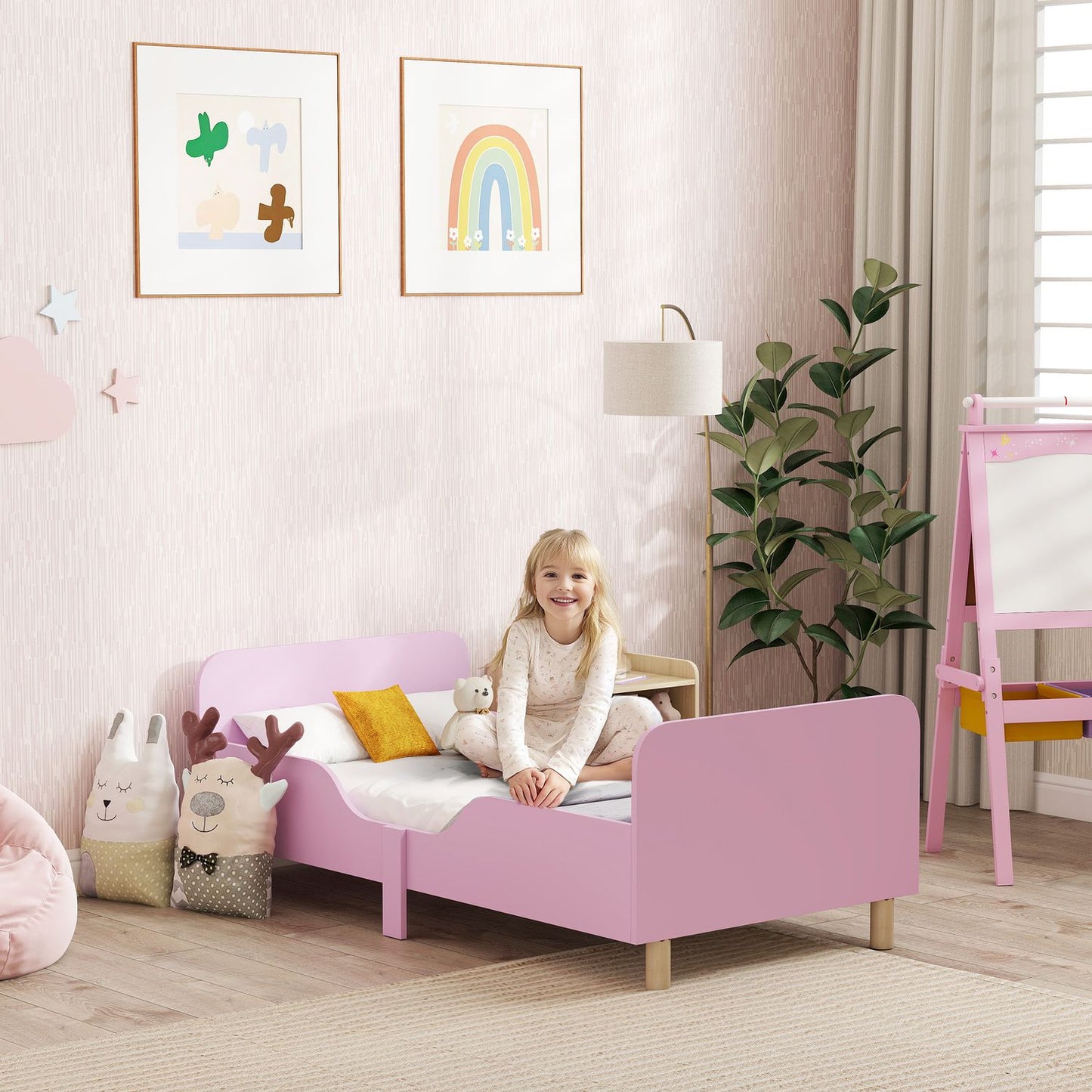 Toddler Bed Frame with Guardrail, Pink MDF, Ages 3-8