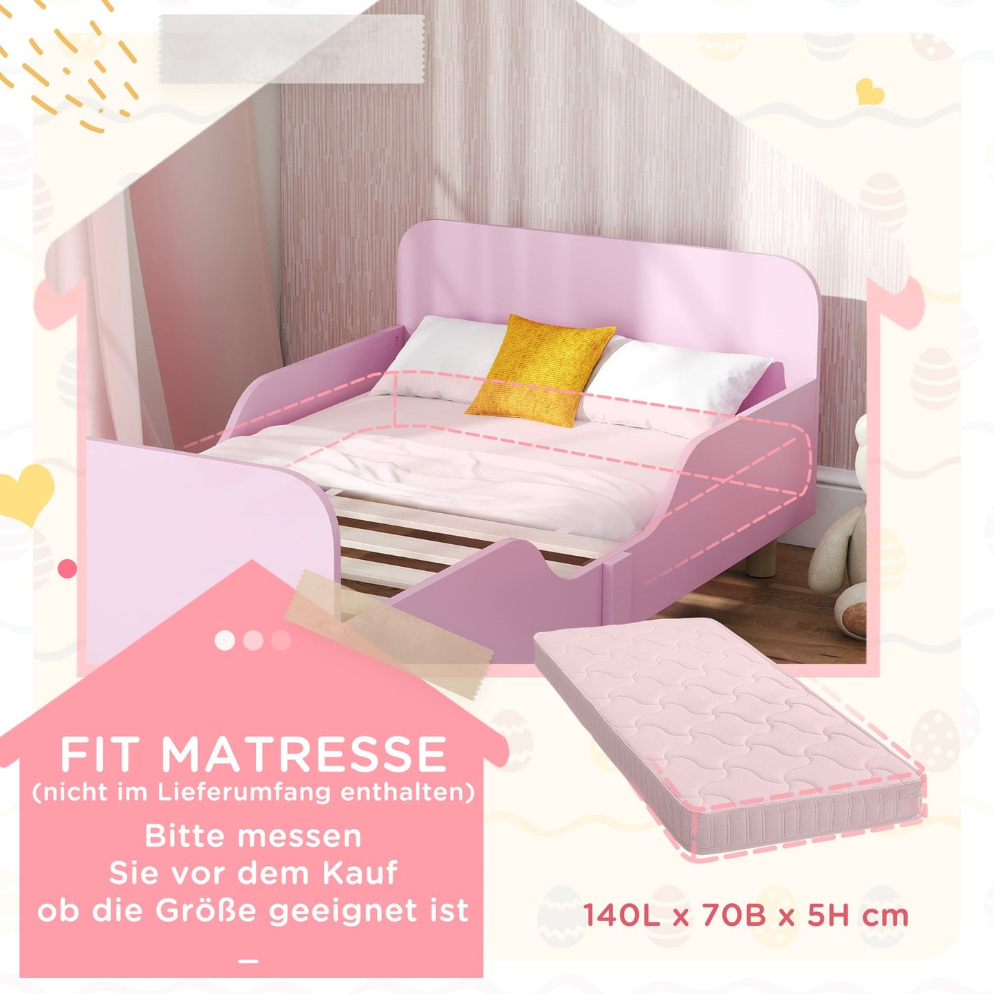 Toddler Bed Frame with Guardrail, Pink MDF, Ages 3-8