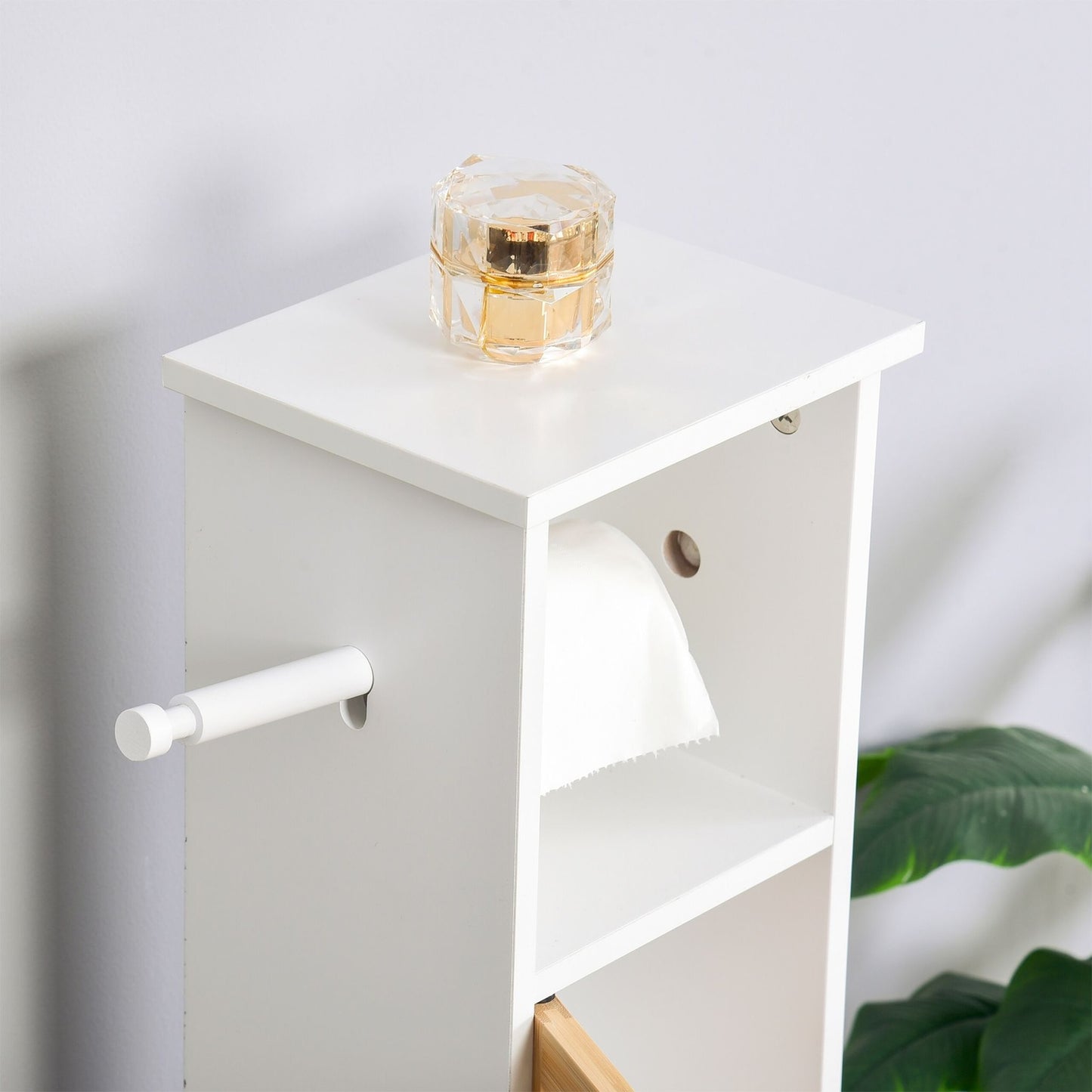 Toilet Paper Holder Cabinet, 3 Shelves, Bamboo Door
