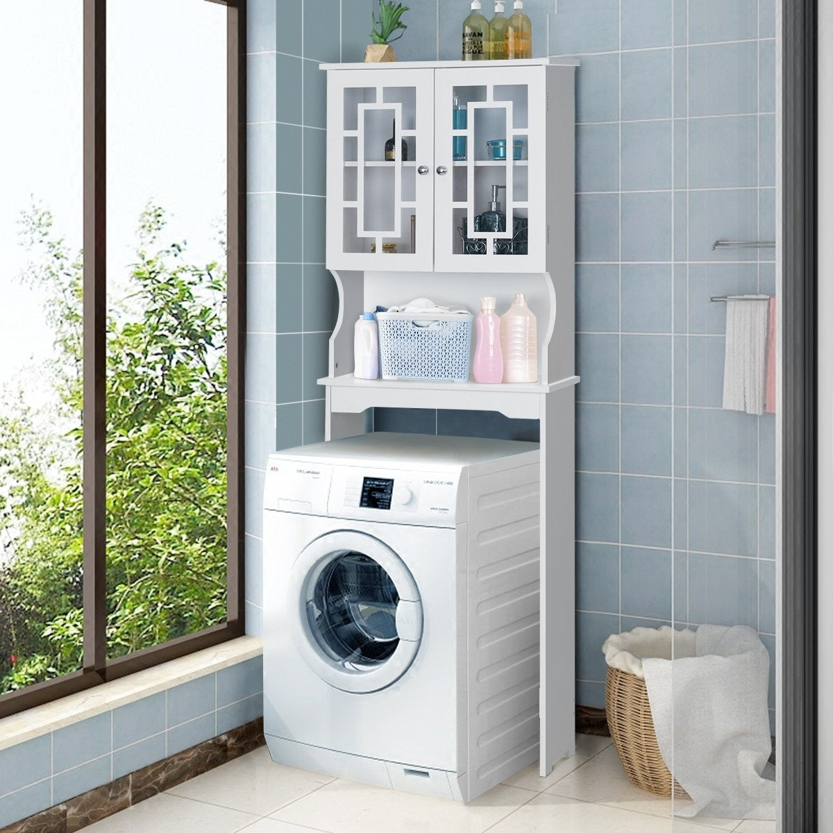 Toilet cabinet, bathroom shelf, toilet shelf, washing machine cabinet with 3 shelves, white, 60 x 22 x 170.5 cm