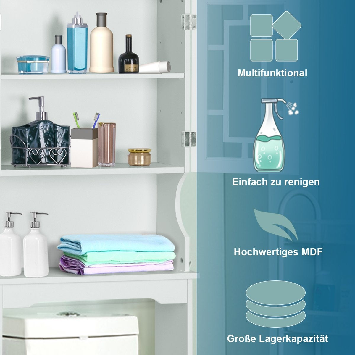 Toilet cabinet, bathroom shelf, toilet shelf, washing machine cabinet with 3 shelves, white, 60 x 22 x 170.5 cm