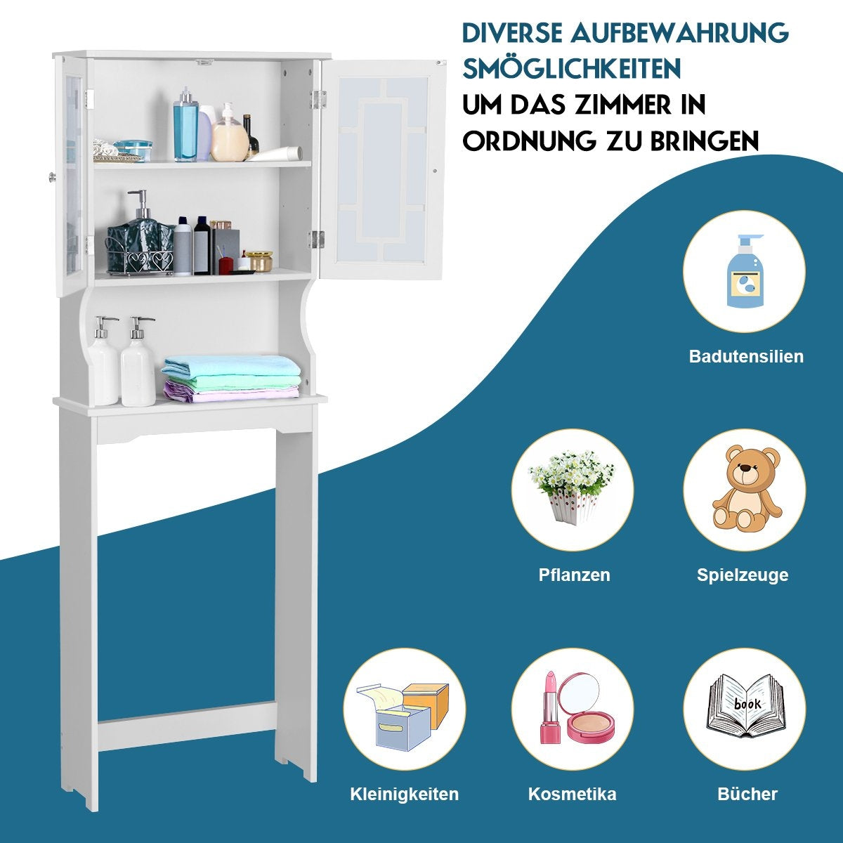 Toilet cabinet, bathroom shelf, toilet shelf, washing machine cabinet with 3 shelves, white, 60 x 22 x 170.5 cm