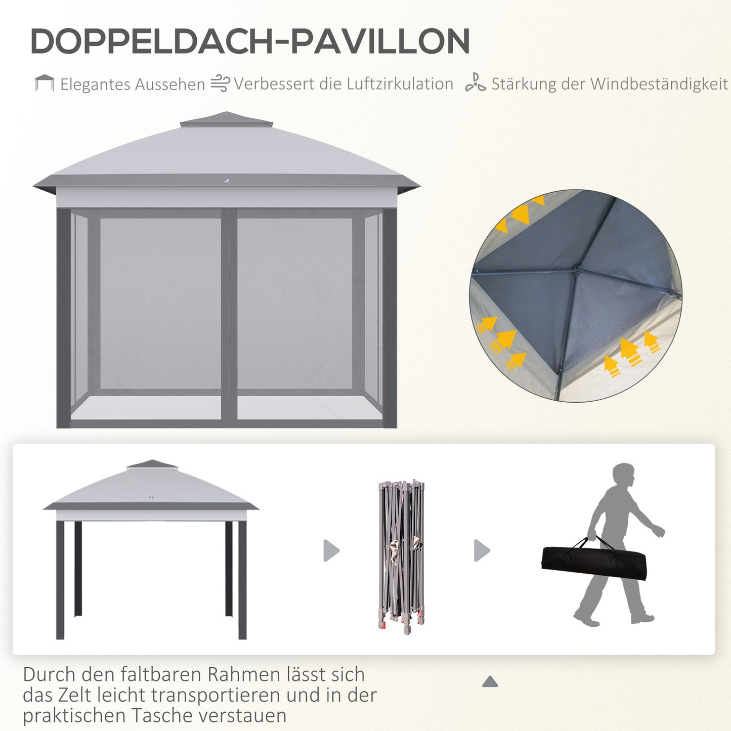 Pop-up 3x3m Garden Gazebo tent, double roof, mosquito net