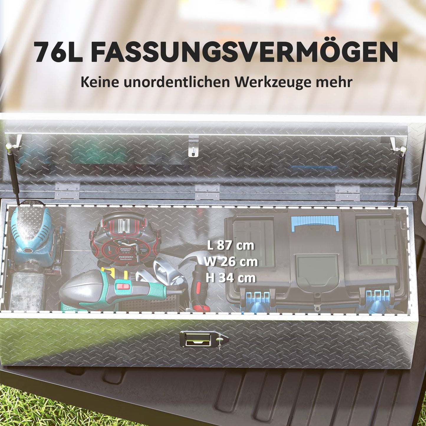 Aluminum tool box with lock and side handle, 99 x 33 x 25.5 cm