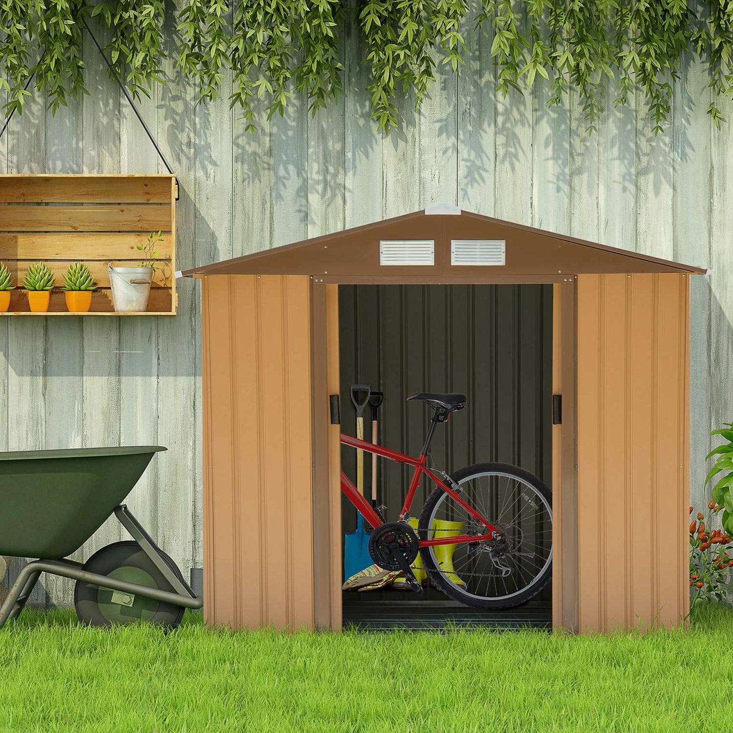 Steel tool shed with sliding doors and floor, 213x130x185 cm