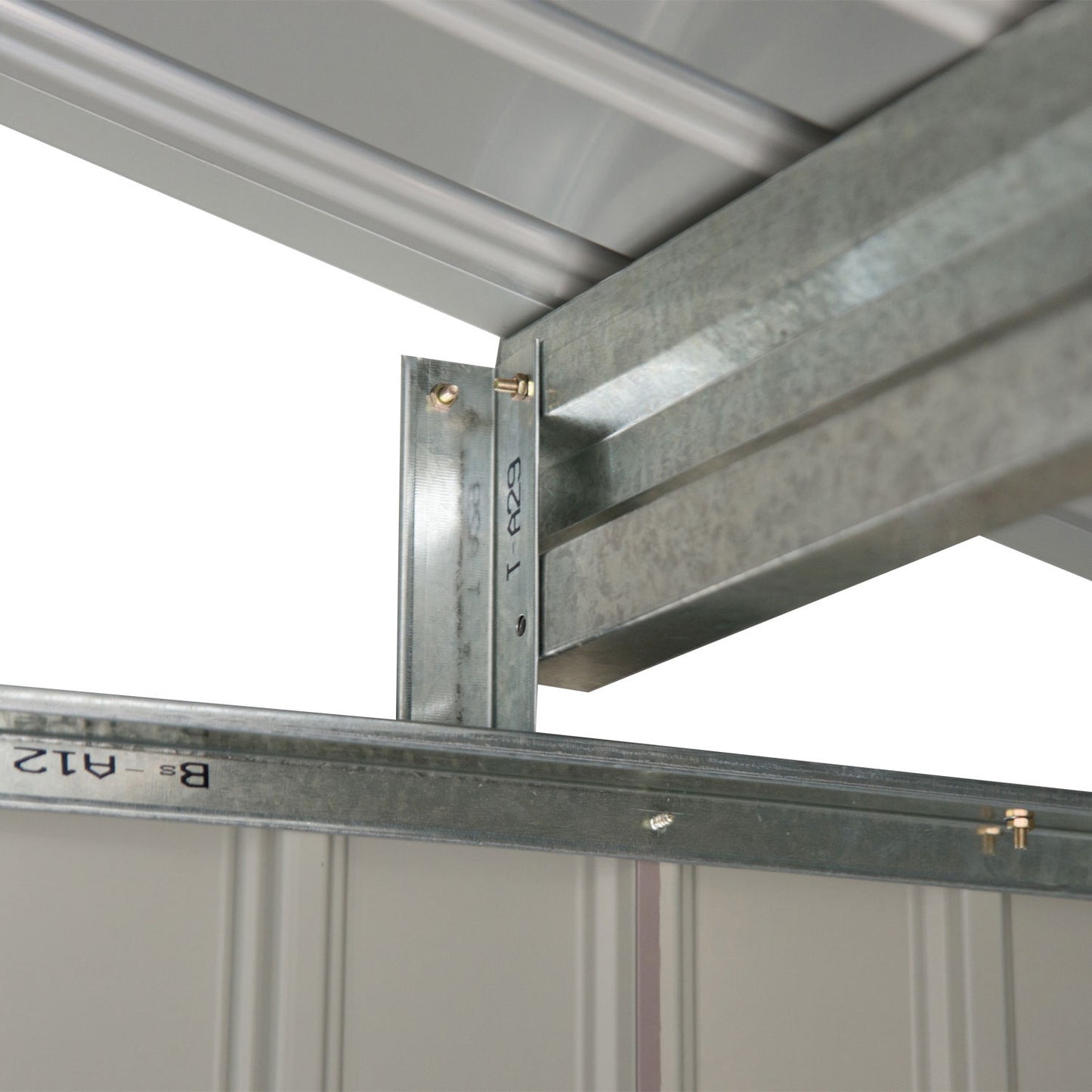 Weatherproof steel garden shed, sliding doors, floor frame