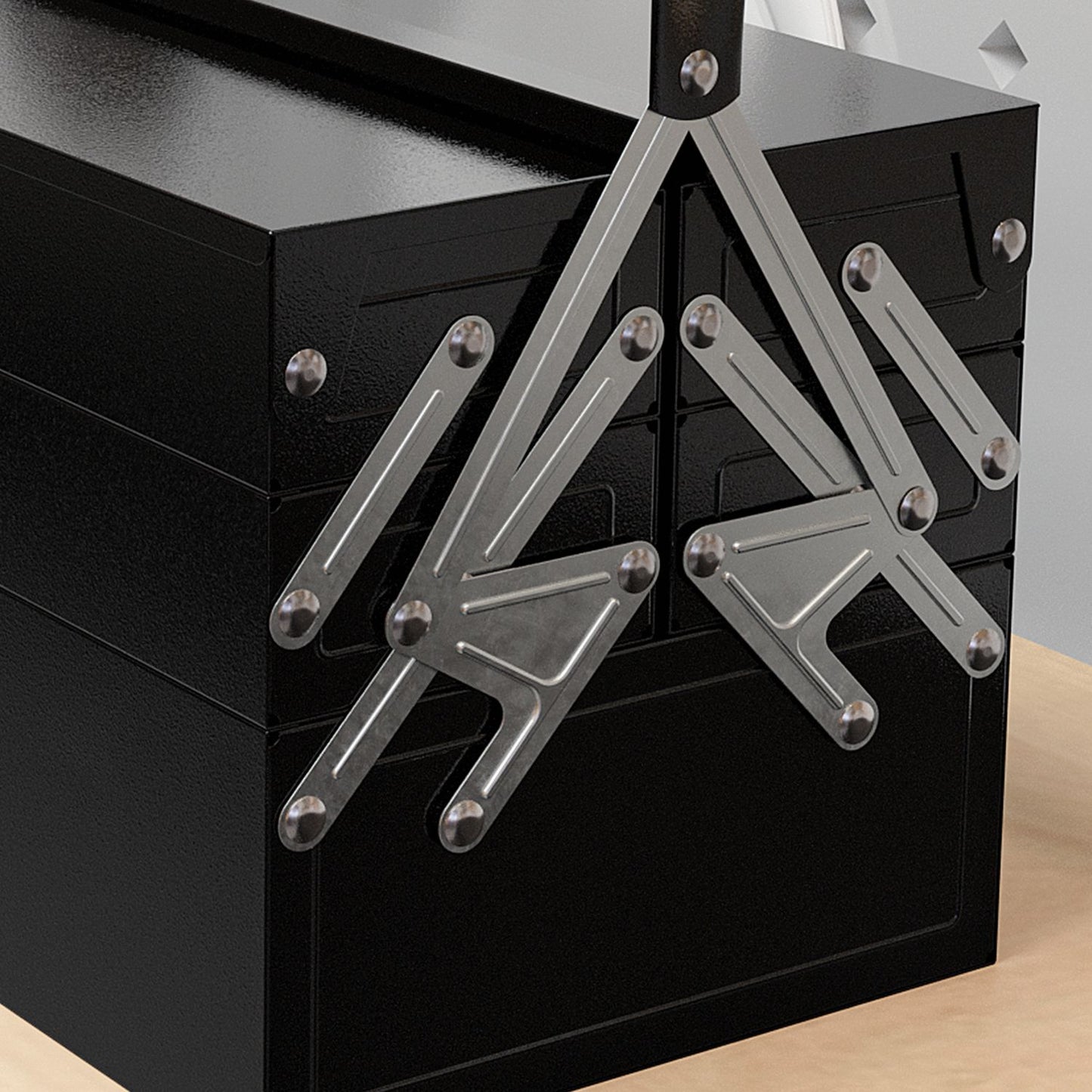 Folding tool box in steel, 5 compartments, black, 56x20x41 cm