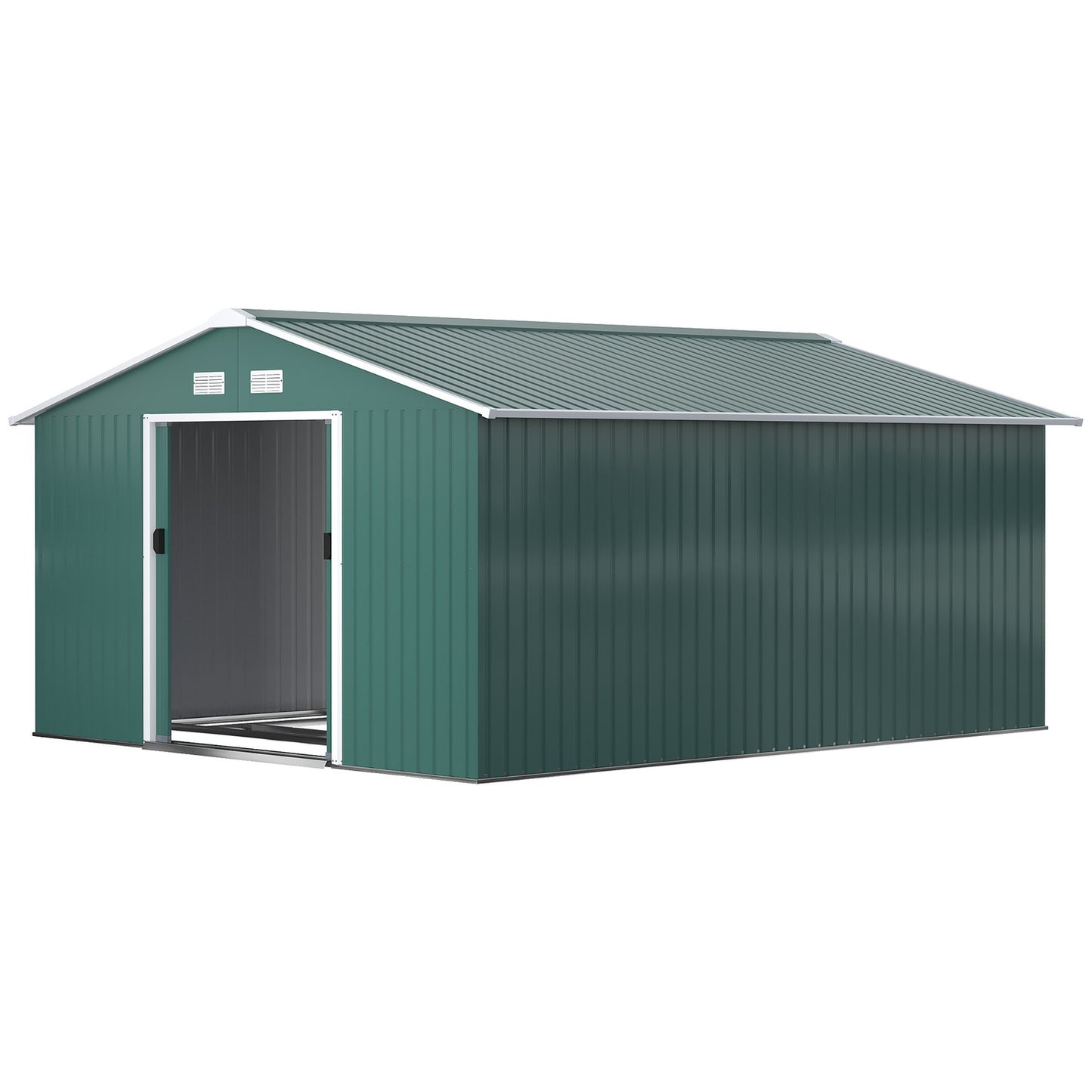 Garden shed in dark green galvanized steel, 12.4 m², weatherproof