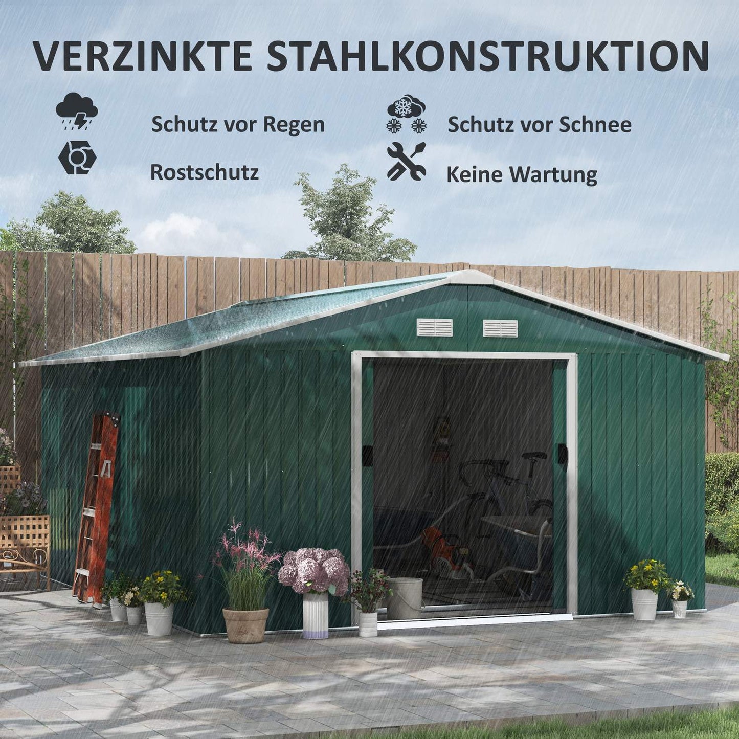 Garden shed in dark green galvanized steel, 12.4 m², weatherproof